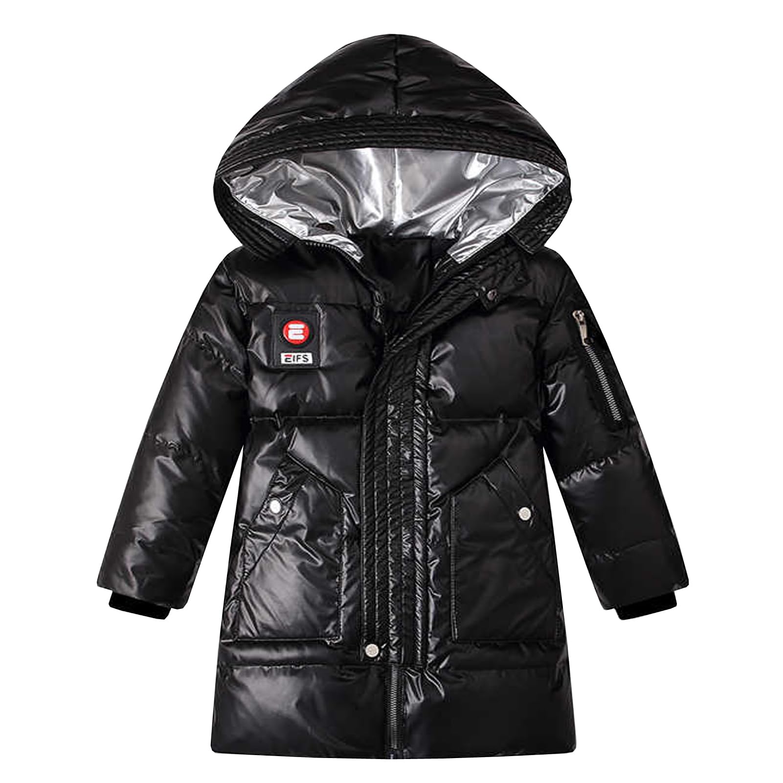 Chaqueta de invierno brillante para niños con capucha, chaqueta de plumón cálida para niños, chaqueta acolchada a prueba de viento, con bolsillos con cremallera, negro, 134-140