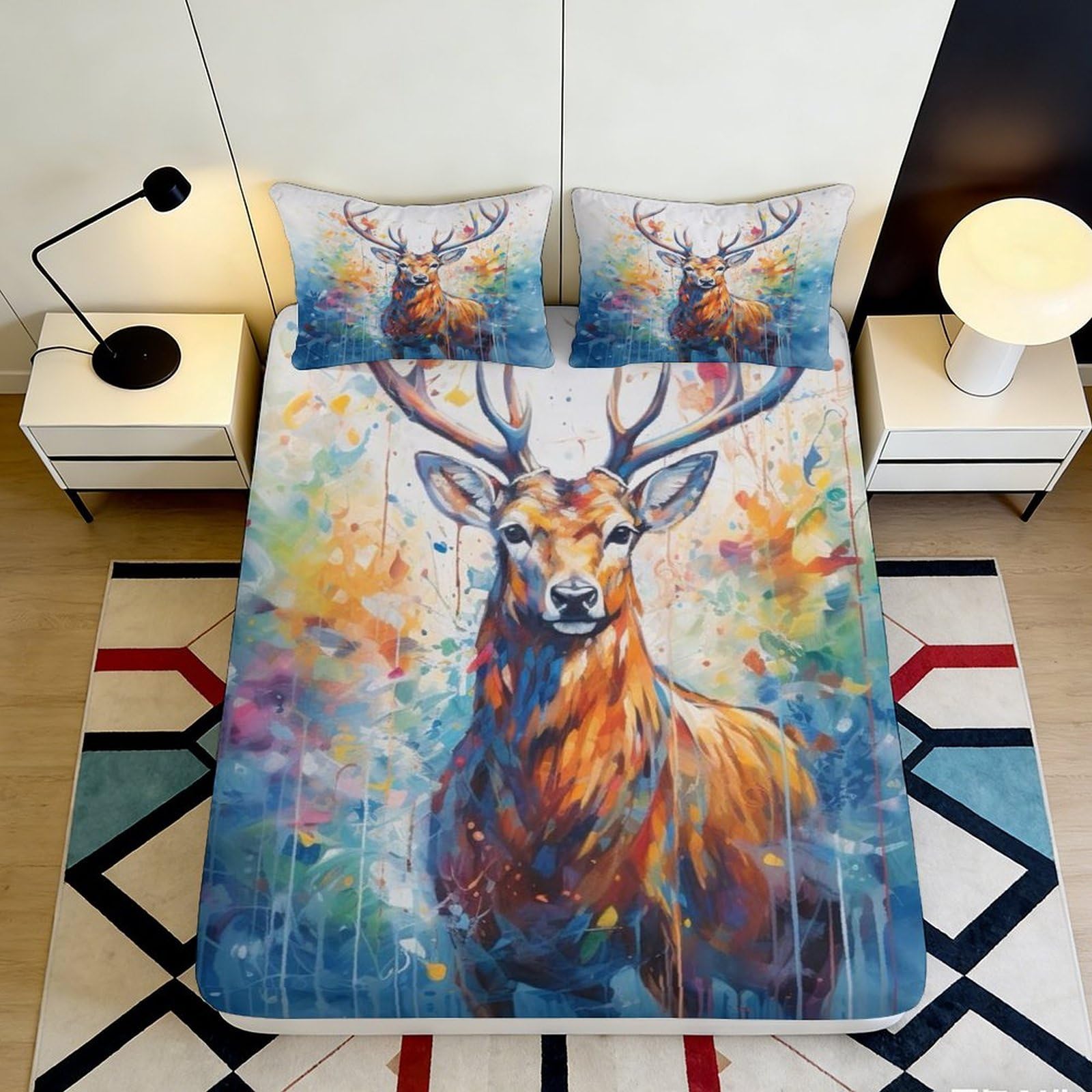 3D Printed Watercolor Deer Fitted Sheet Microfiber Soft Mattress Cover for Bedroom Dorm Colorful Art Decor 120x200cm 180x200x25cm