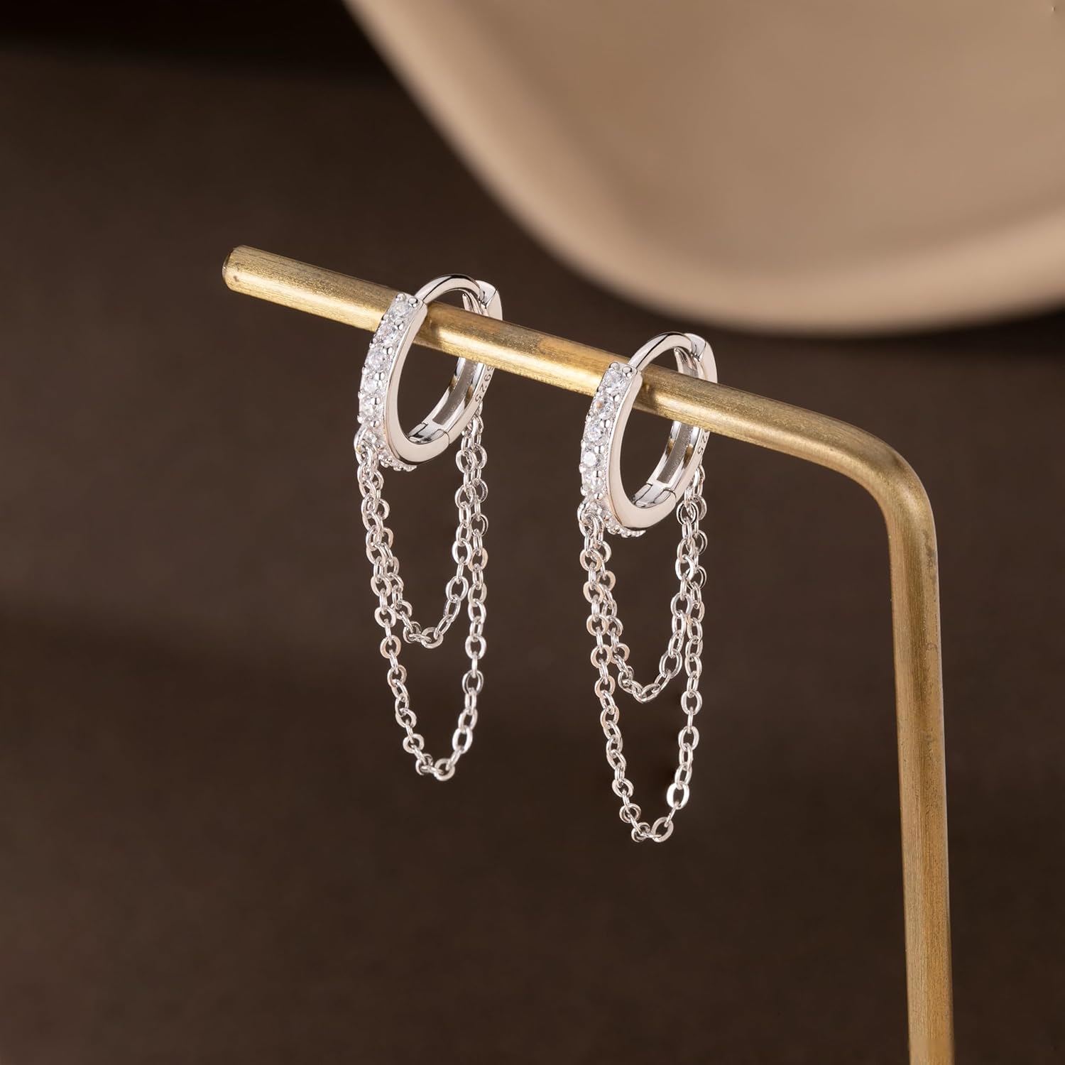 Reffeer 925 Sterling Silver CZ Chain Hoop Earrings Dangle Chain for Women Teens Dangle Earrings Tassel Hoop Earrings - Image 6