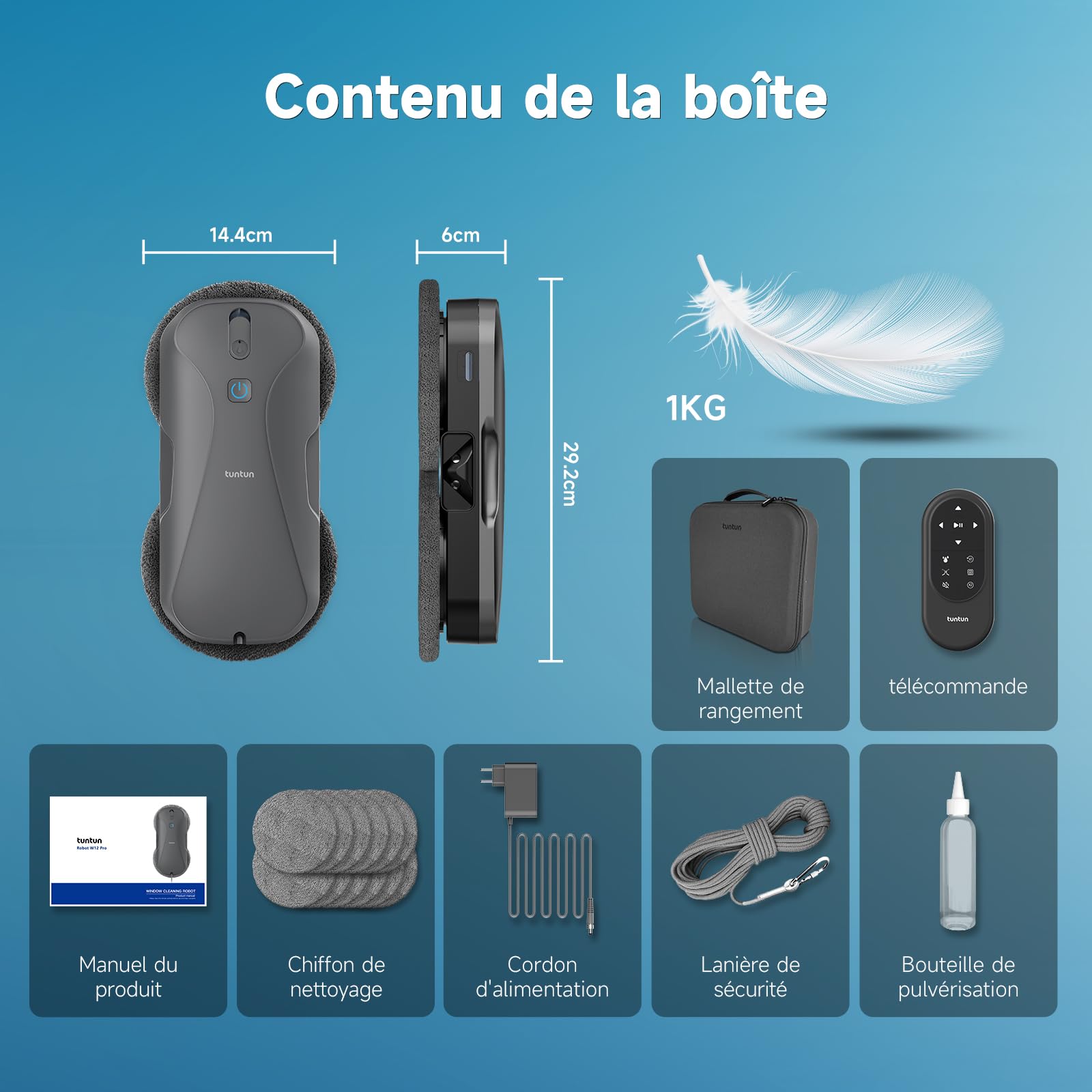 tuntun W12pro Robot Laveur de vitre,Pulvérisation Double 4 Directions,Robot Nettoyeur vitre,5300 Pa,Conception compacte,Navigation Intelligente,Adapté aux Surfaces Lisses,avec boîte de Rangement