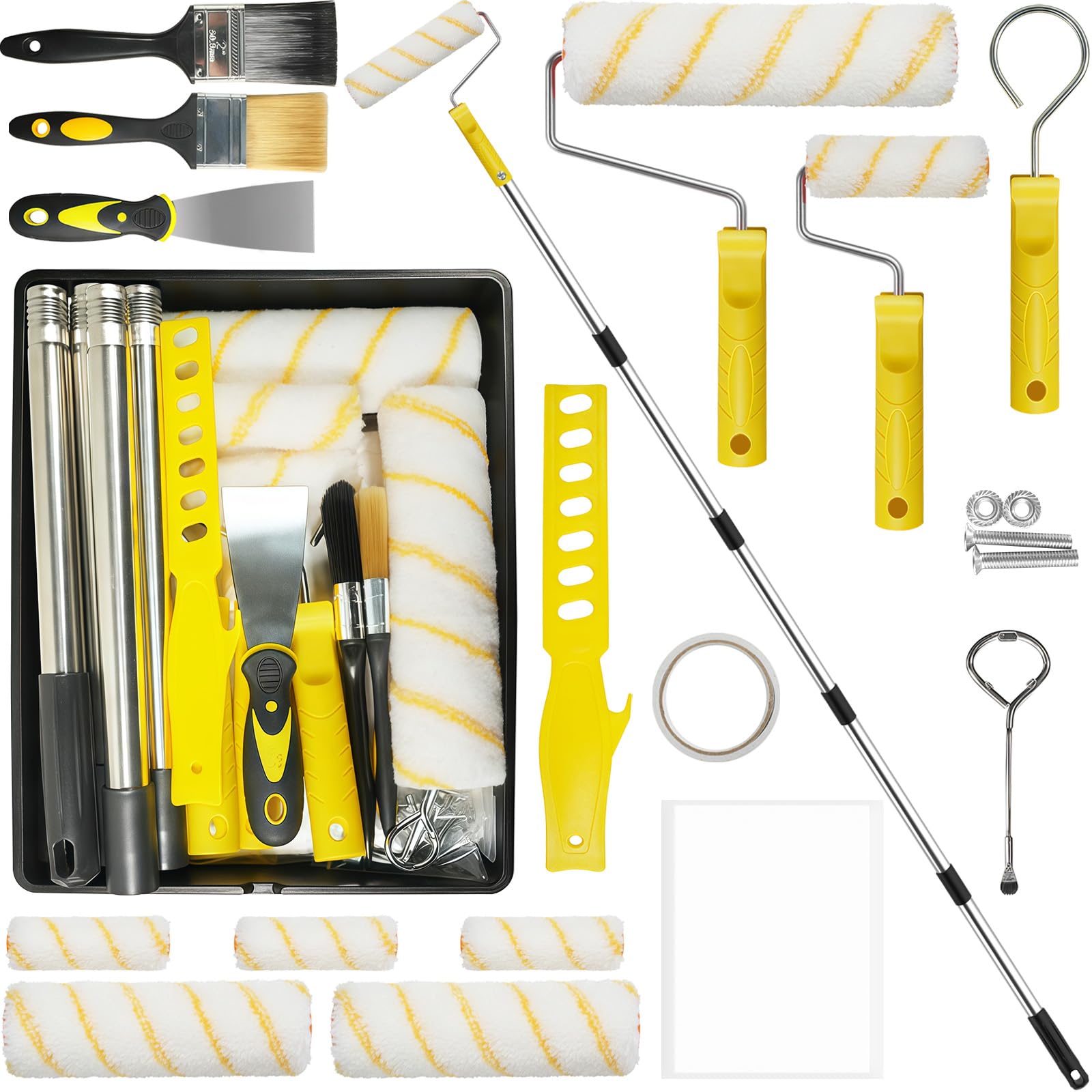Lot de 20 rouleaux de peinture avec barre télescopique de 1,5 m, rouleau de peinture, pinceau, grattoir et bac à peinture, rouleau de peinture pour peindre les murs, plafonds, portes, moulures