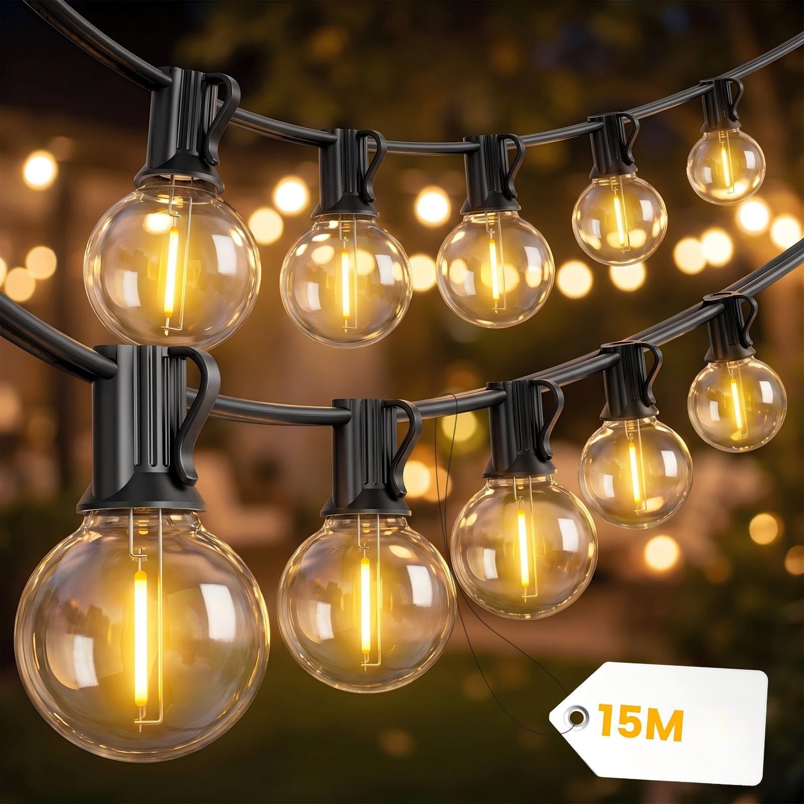 Yuucio Festoon Lights Outdoor 50FT, 15M Garden String Lights with 25 LED Bulbs, Weatherproof Indoor/Outdoor Lighting for Backyard Terrace Party Wedding
