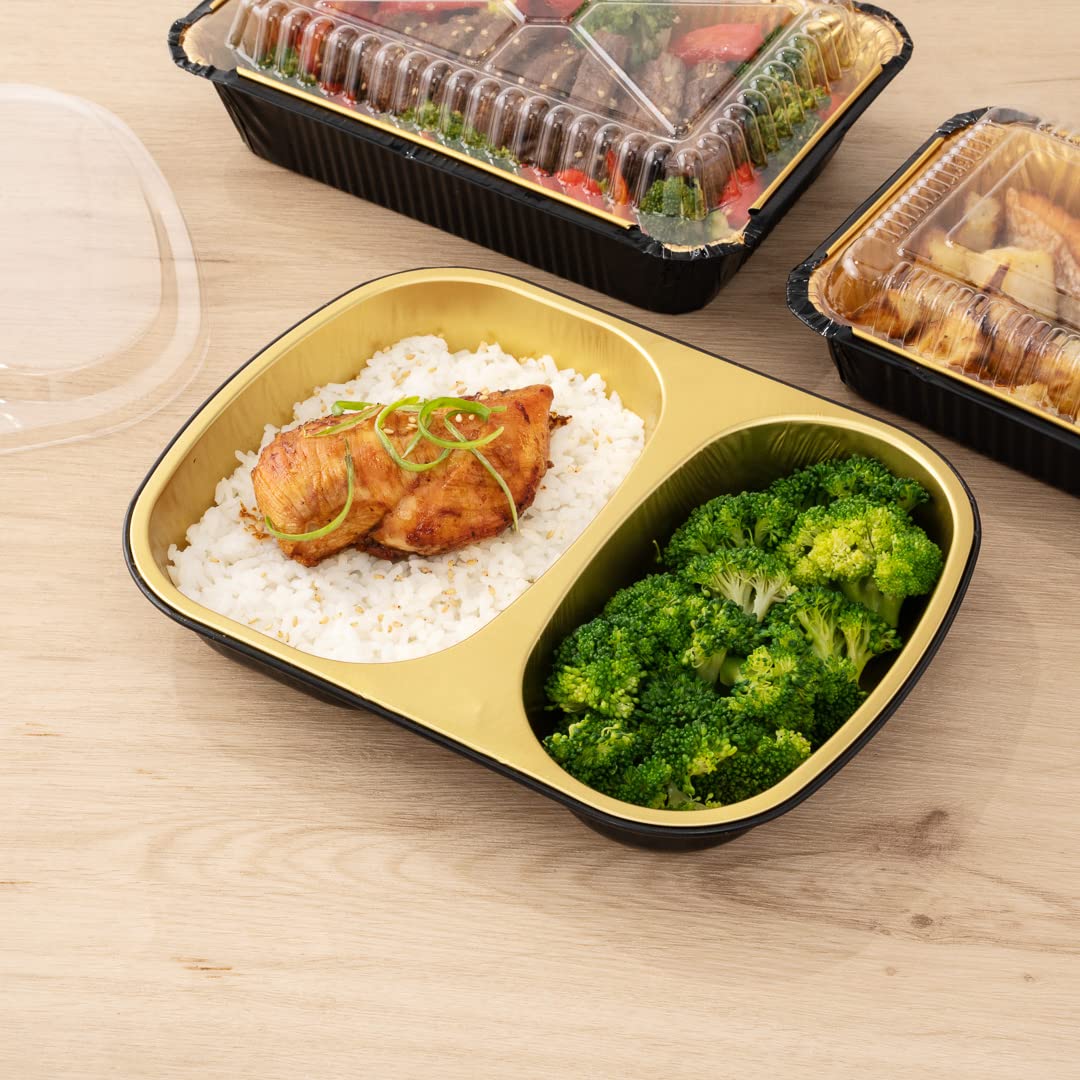 Restaurantware Foil Lux - Recipientes de aluminio para alimentos de 28 onzas, 100 bandejas rectangulares de aluminio, las tapas se venden por separado, 2 compartimentos, recipientes de aluminio negro