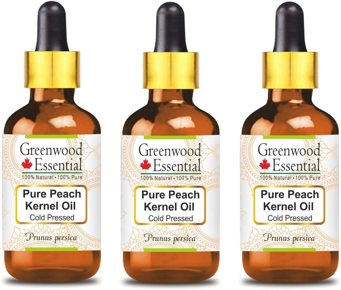 Greenwood Essential Pure Peach Kernel Oil (Prunus persica) with Glass Dropper Cold Pressed (Pack Of Three) 100ml X 3 (10 oz)