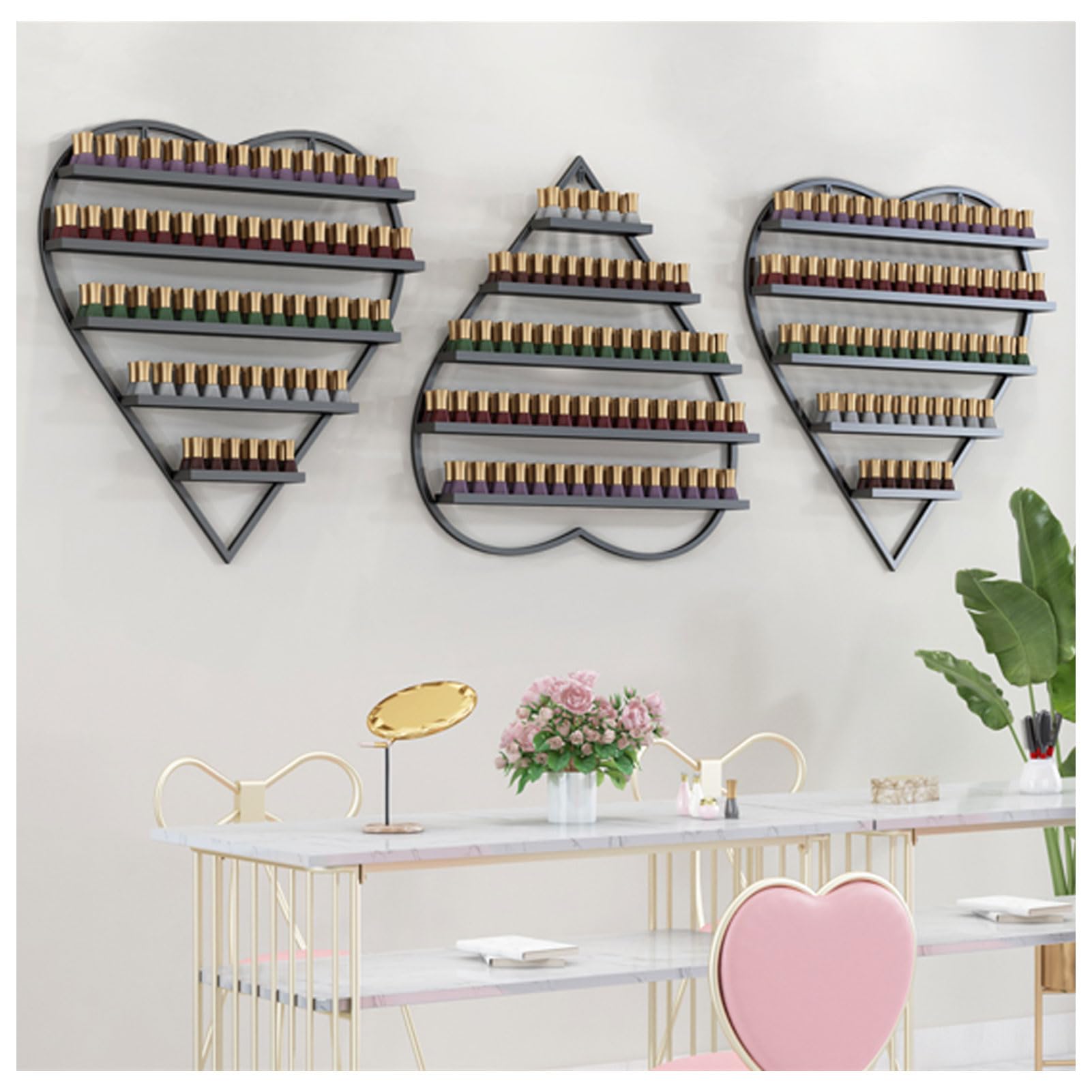 Portaoggetti per Smalto da Parete in Metallo, a Forma di Cuore, Galleggiante, Porta Smalto, Porta Oli Essenziali, per casa, Salone Spa, Negozio, Soggiorno, Nero, Set da 3 Pezzi