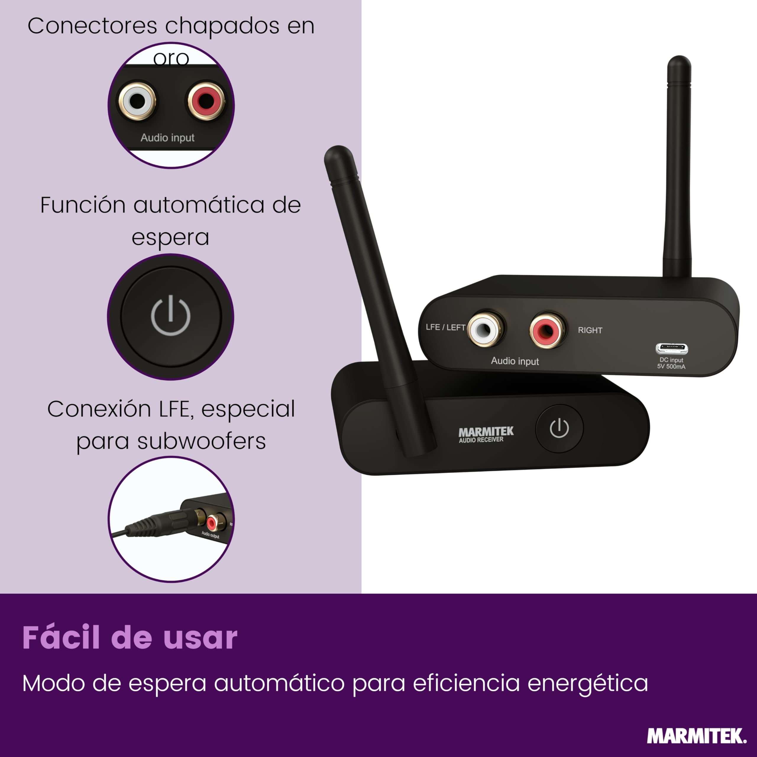 Marmitek WS400 - Kit subwoofer inalámbrico - Graves sin Cables 2,4 GHz | Transmisión digital RCA/LFE 2,4 GHz para subwoofer activo, graves sin cables, colocación libre, baja latencia y Plug & Play
