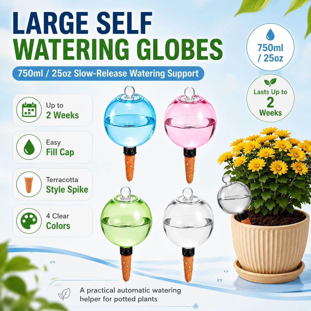 Globos grandes de riego automático de 750 ml, macetas de terracota con