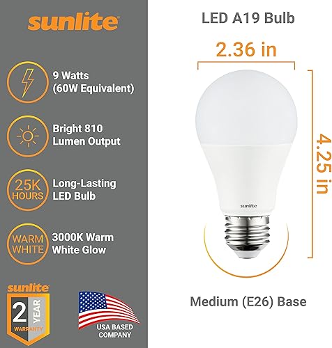 Miniatura 2 de Sunlite 41833 Bombilla LED A19, 9 vatios (equivalente a 60 W), 810 lúmenes, base E26 media, 100-240 multivoltios, no regulable, escarcha, blanco