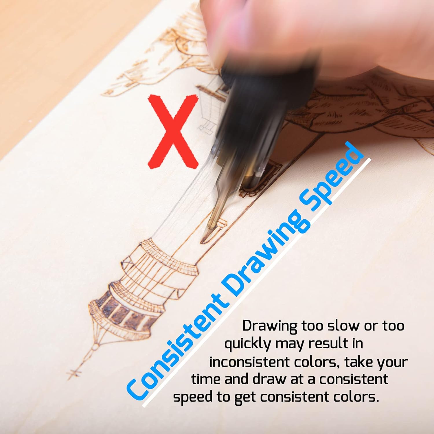 Pyrography technique demonstrating consistent drawing speed for even burning