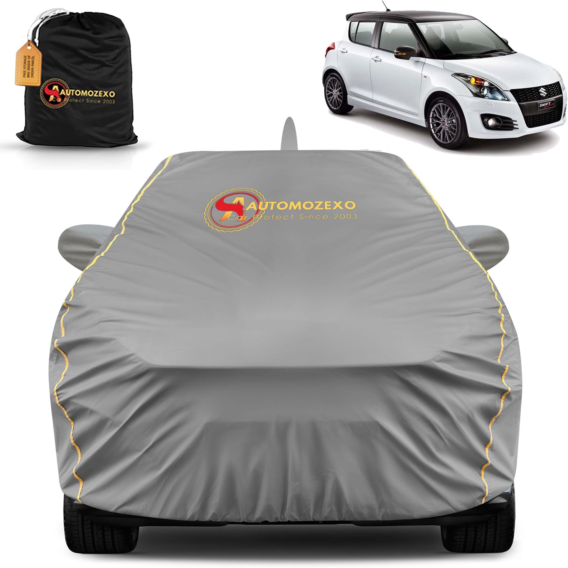 Maruti Suzuki Swift 100% Waterproof Car Cover for All Weather Protection with Mirror & Antena Pocket Inner Cotton Triple Stitched Adjustable Belt Bottom Elastic Cover to Secure Fit -Grey