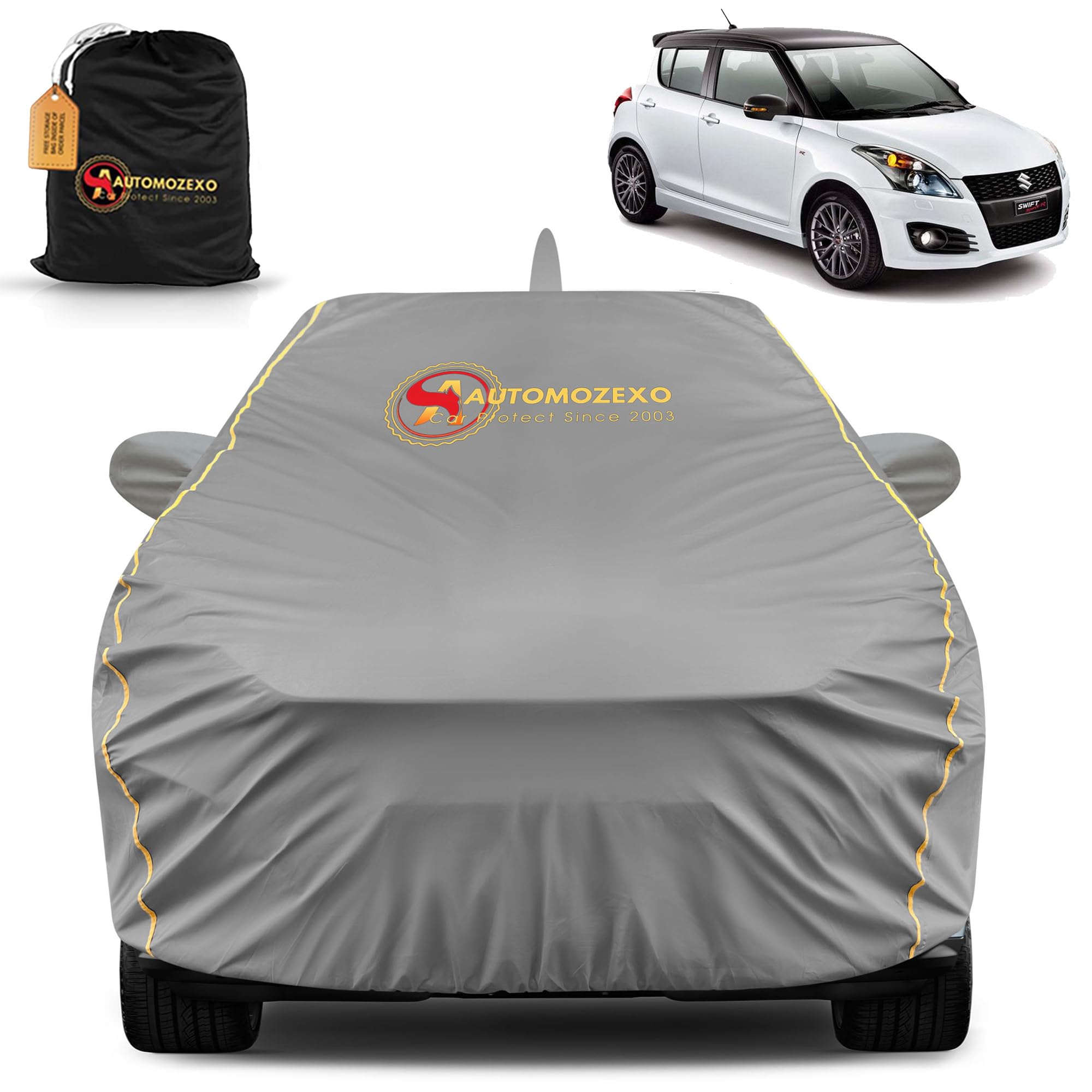 Maruti Suzuki Swift 100% Waterproof Car Cover for All Weather Protection with Mirror & Antena Pocket Inner Cotton Triple Stitched Adjustable Belt Bottom Elastic Cover to Secure Fit -Grey