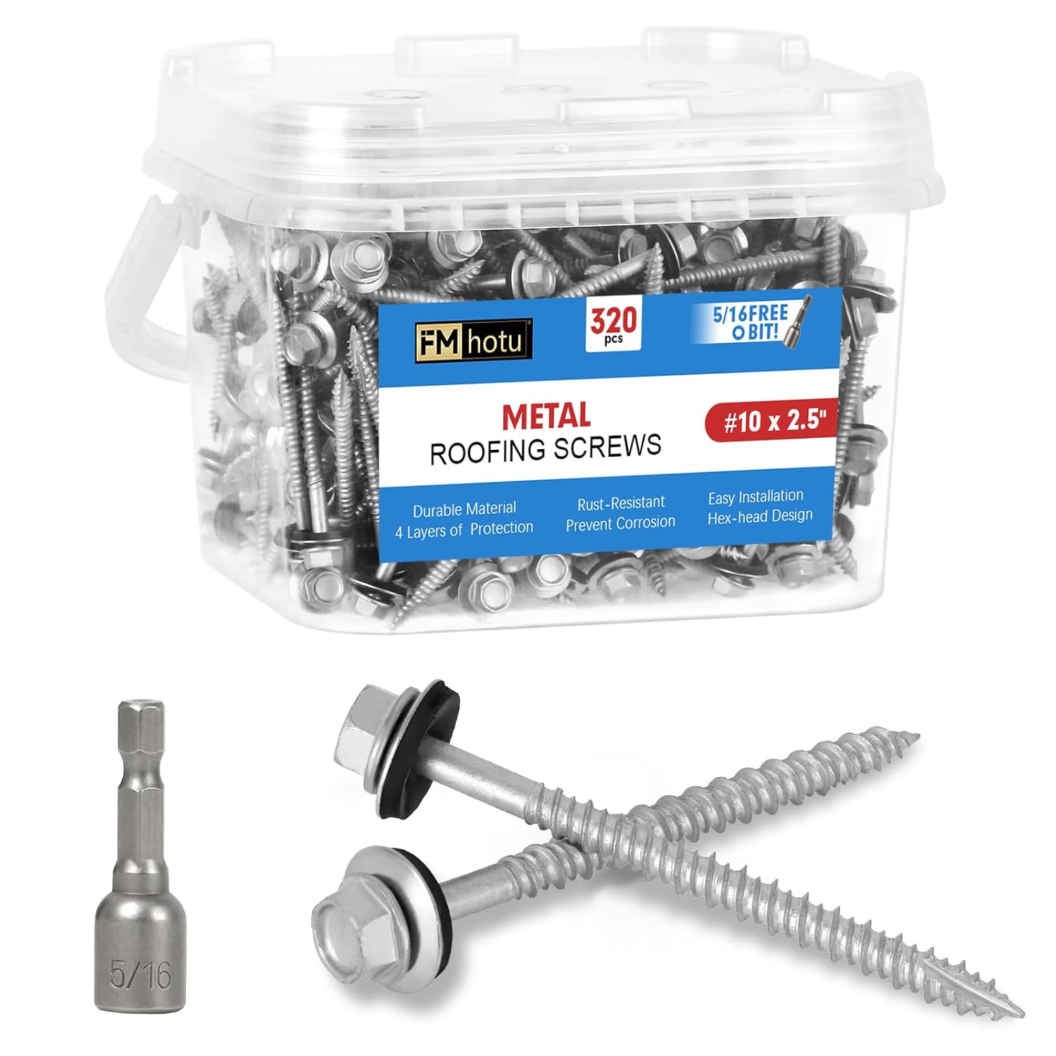 Metal Roofing Screws #10×2-1/2Inch, 320-PCS, Hex Head Rustpert Coating Sheet Metal to Wood Siding Screw with EPDM Rubber Washer, Sharp Point, Hex Socket Included #10×2-1/2 320