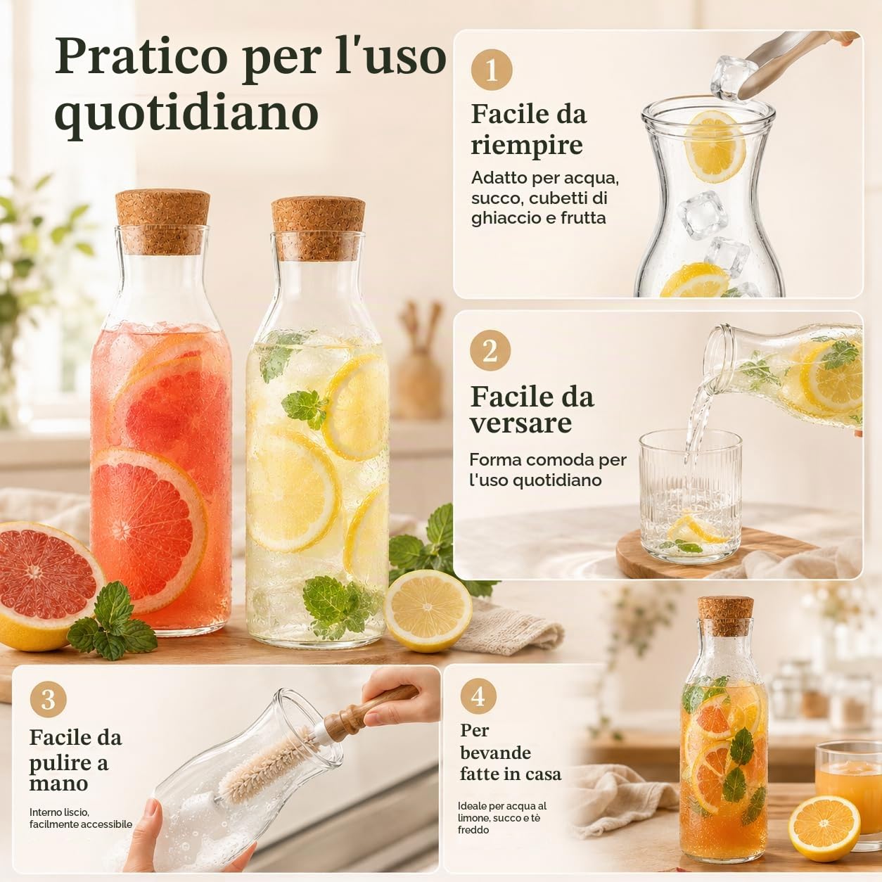 YAYODS 4 caraffa per acqua con tappo in sughero – caraffa in vetro da 1,2 litri – caraffa in vetro con coperchio per acqua frizzante, frutta, succhi di frutta, ristoranti, feste, matrimoni, compleanni