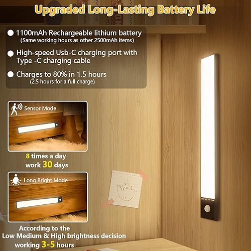 Miniatura 3 de Paquete de 2 luces para debajo del gabinete, sensor de movimiento doble, 11.8 pulgadas, 3 temperaturas de color, luces debajo de la encimera para