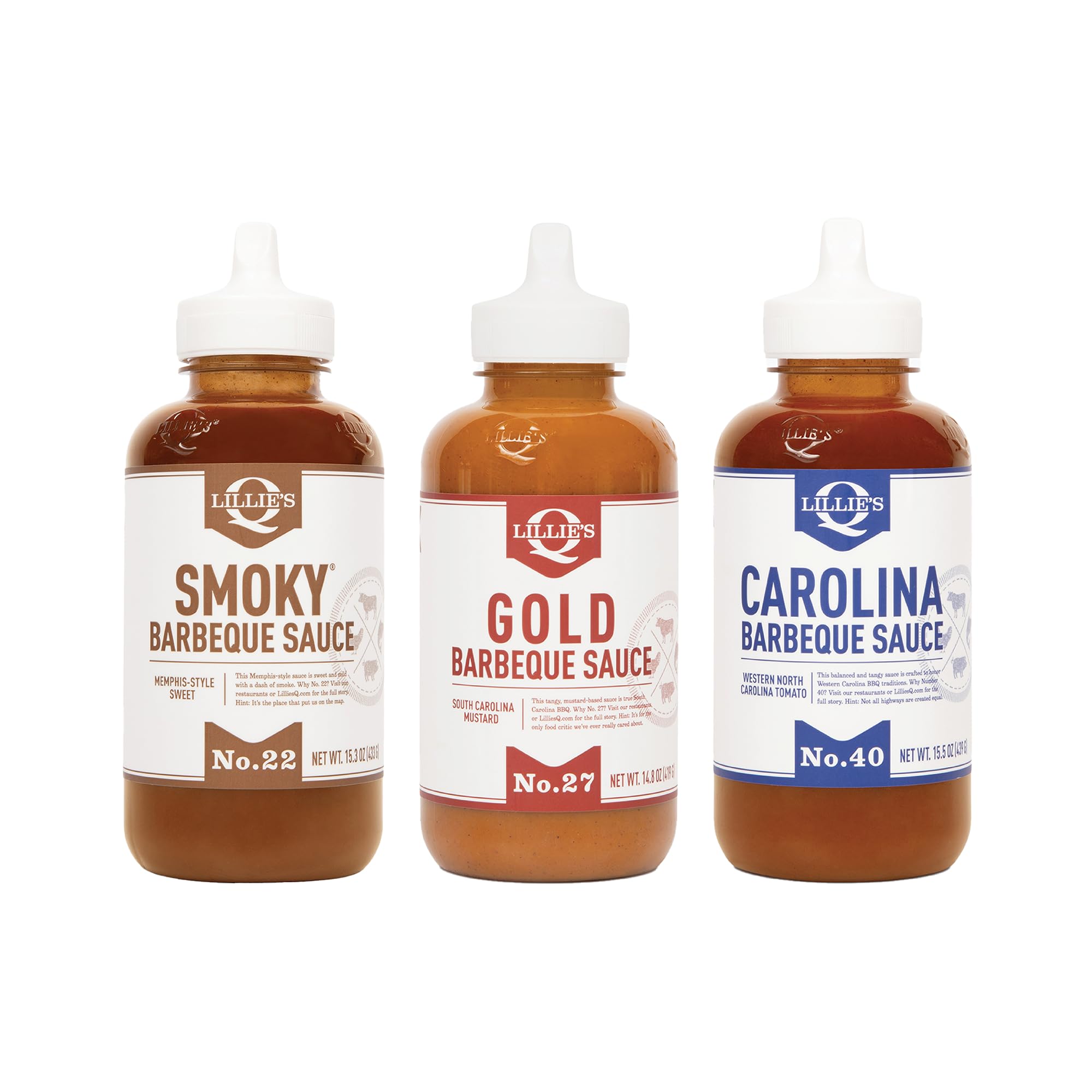 Lillie's Q - Smoky (15.3oz), Gold (14.8oz) & Carolina BBQ (15.5oz) Sauce Combo, Gluten-Free, Non-GMO, No Preservatives, Gourmet Mustard, Sweet &