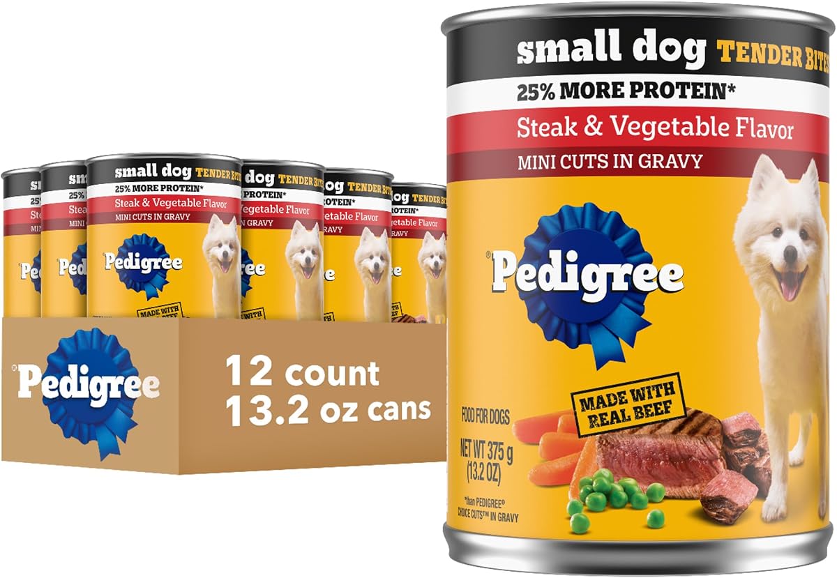 Pedigree Small Dog Tender Bites Wet Dog Food, Steak, 13.2 oz, 12 Count | More protein than adult recipes, supports healthy skin & coat, slow-cooked soft bites, serve as topper or complete meal