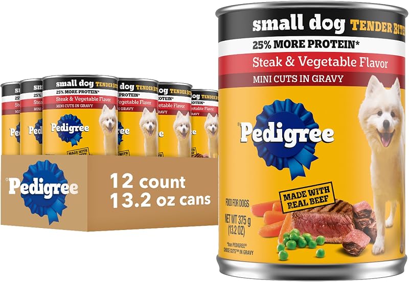 Pedigree Small Dog Tender Bites Wet Dog Food, Steak, 13.2 oz, 12 Count | More protein than adult recipes, supports healthy skin & coat, slow-cooked soft bites, serve as topper or complete meal