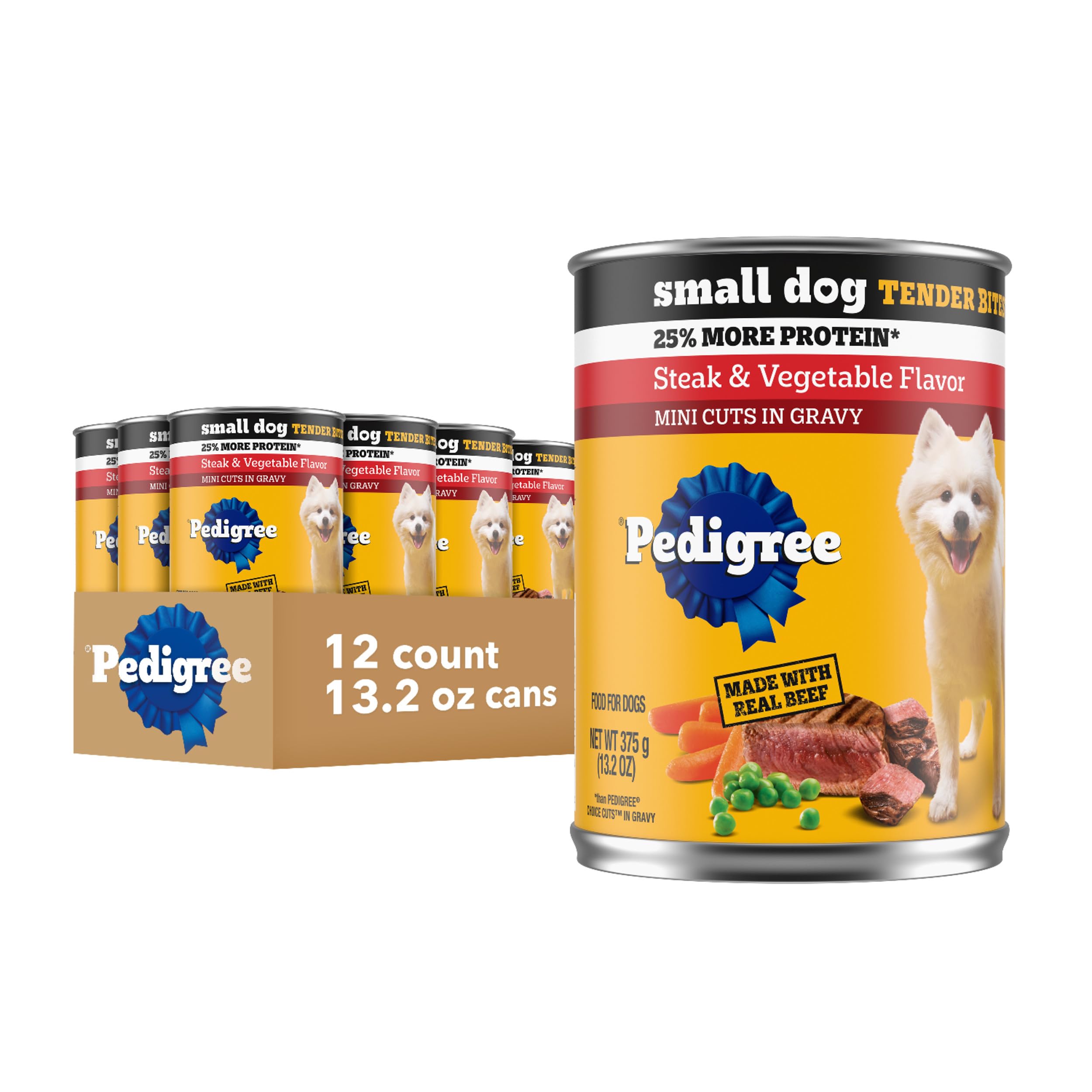 Small Dog Tender Bites in Gravy Wet Dog Food Cans, Steak & Vegetable Flavor, 13.2 oz. Cans, 12 Count