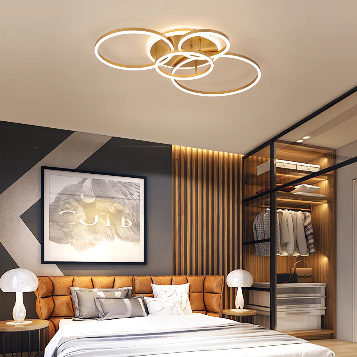 TUJJTU LED Ceiling Light Dimmable 5 Rings Ceiling Lamp 72w with Remote Control Ceiling Lamps Fixture for Living Room,Bedroom,Kitchen (Gold, 4+1 Heads)