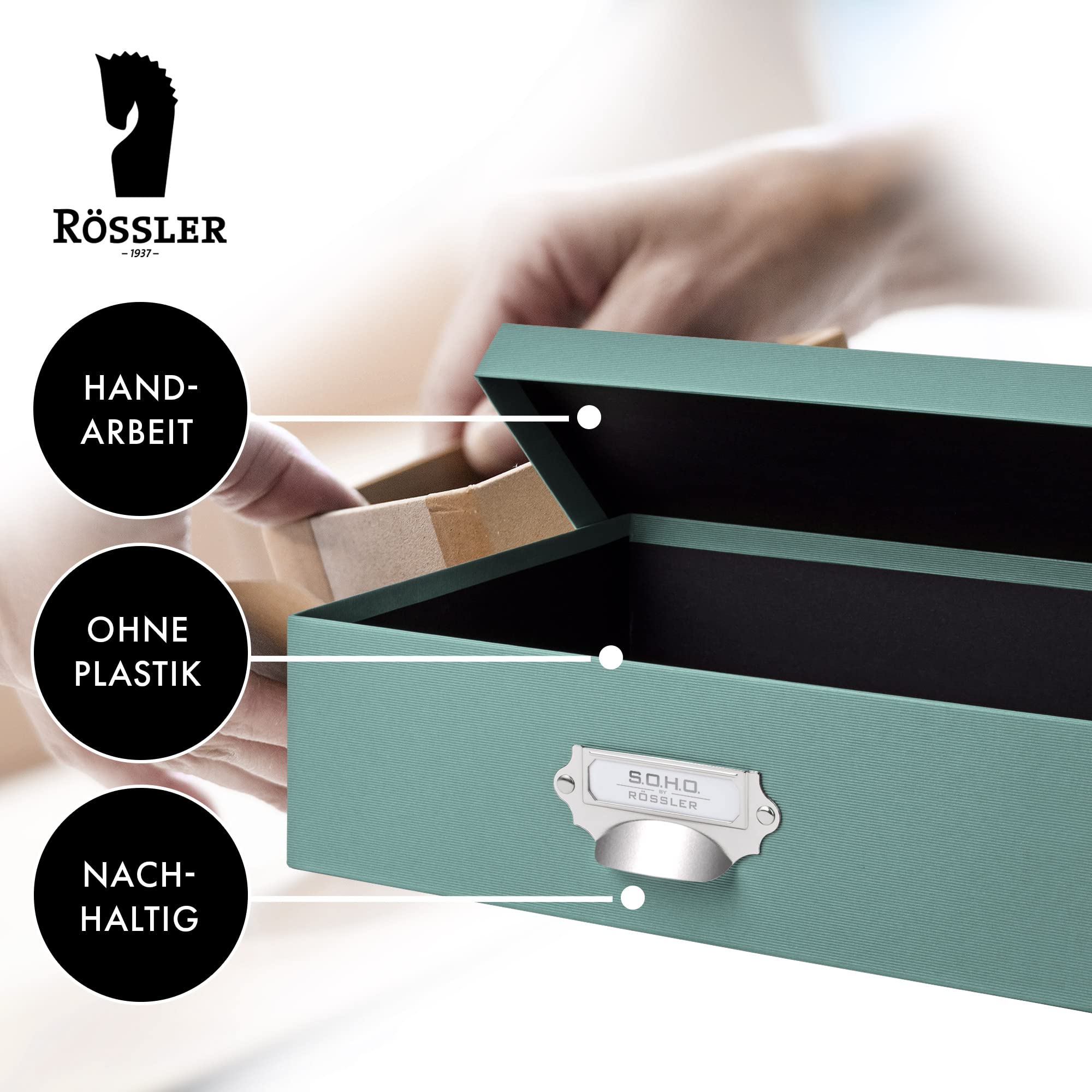 Rössler SOHO Aufbewahrungsbox mit Deckel A4 | Aufbewahrungsbox aus Papier | Bad Organizer | Organizer Küche | Organizer Schminke | Boxen Aufbewahrung | 34 x 26 x 10 cm | 1 Stück | Farbe: Grün | Opal