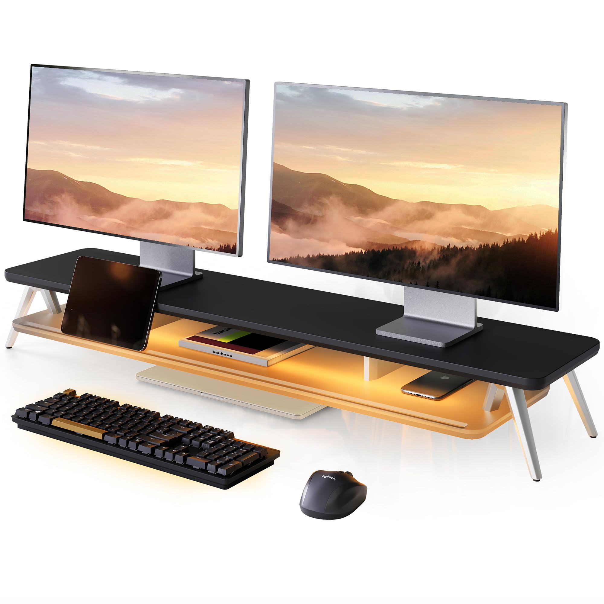 Fenge Supporto Monitor Scrivania, con Luci LED, Ripiano in Acrilico, 2 Livelli, Supporto per Telefono/Tablet/Penne, Carico 45KG (Nero)