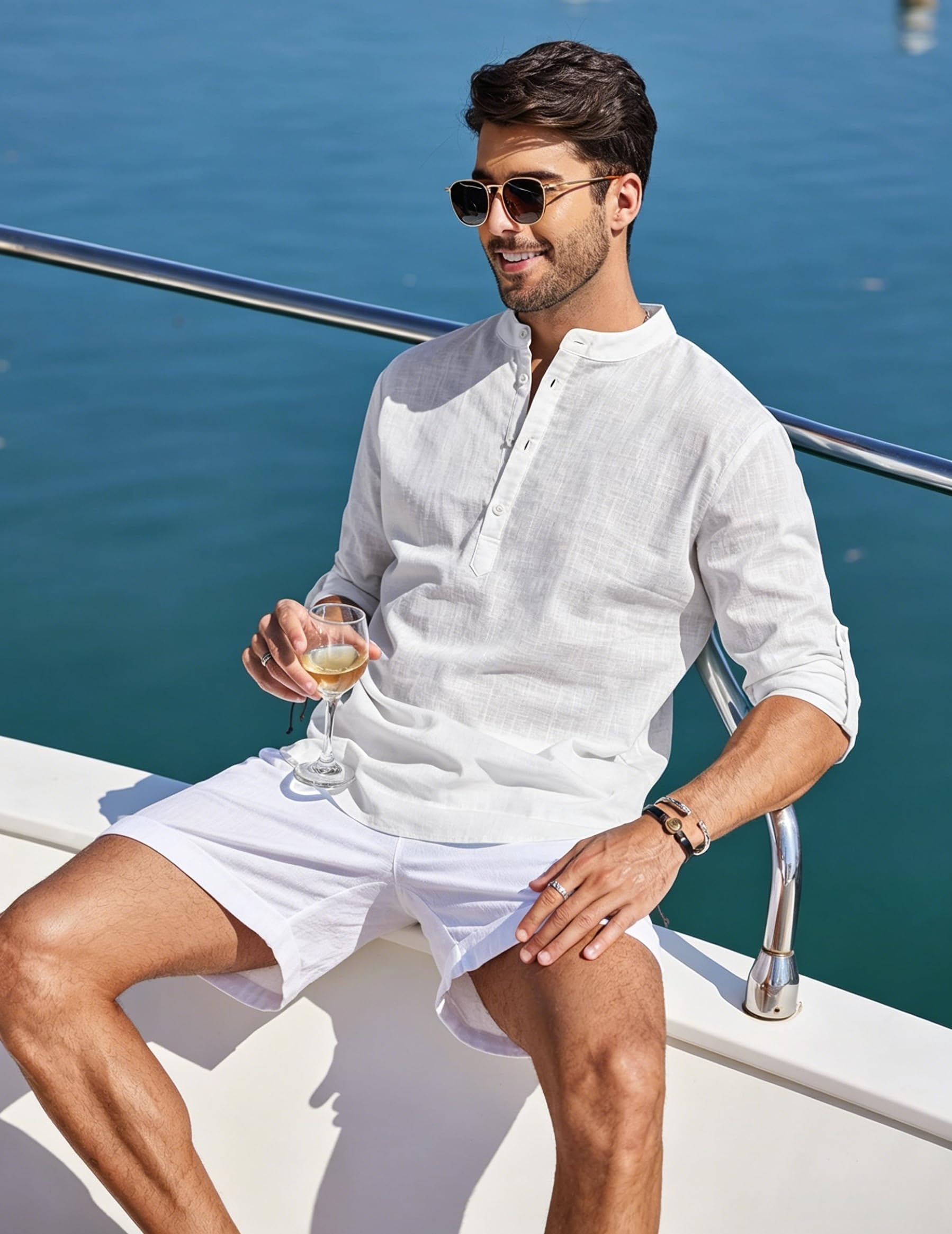 Cegerne Camicia Lino Uomo Maniche Lunghe Estiva Leggera Traspirante Henley Casual Maglietta Casacca Vacanze Spiaggia