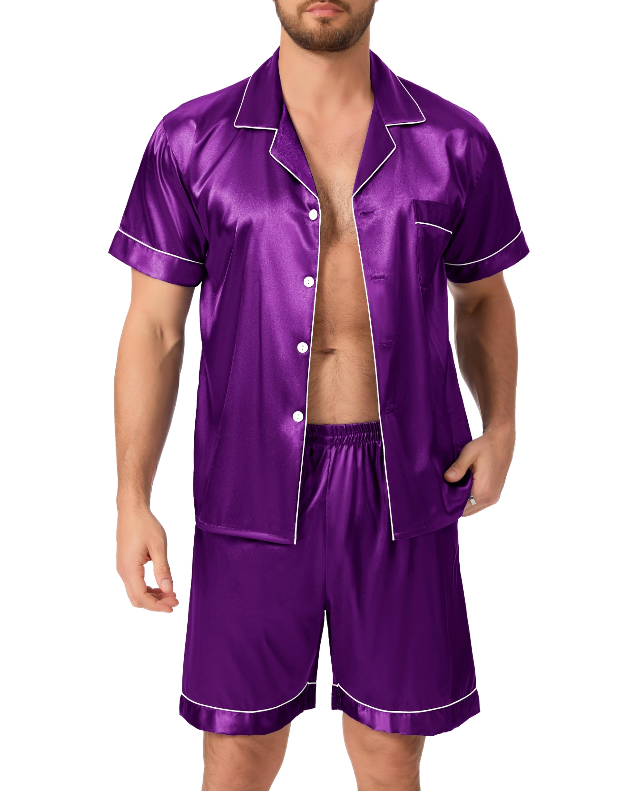 Lovasy Satin Schlafanzug Herren Kurz Kurzarm Pyjamas Set mit Knöpfen Sommer Pjs Sets Zweiteiliger Nachtwäsche