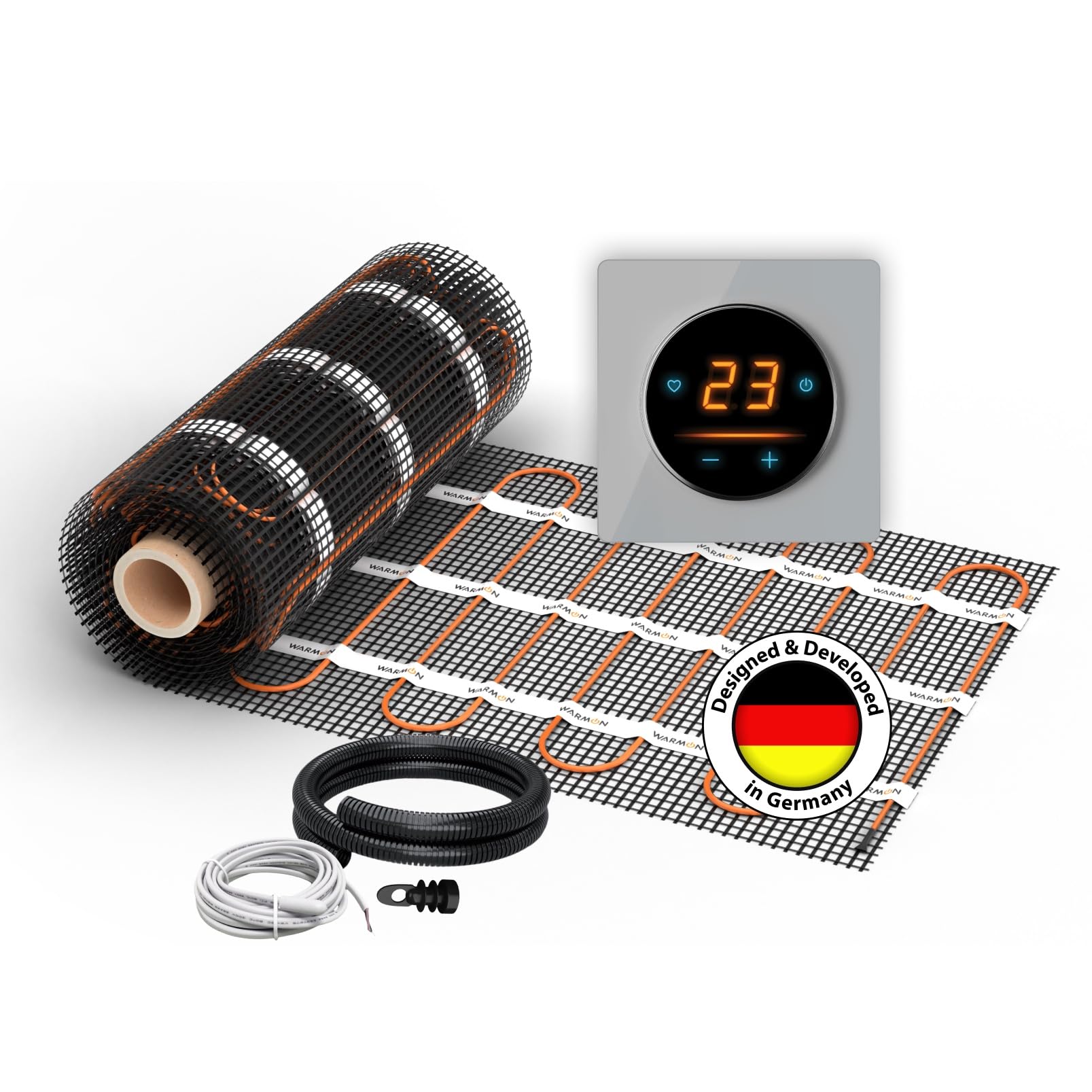 Elektryczne ogrzewanie podłogowe: dwużyłowa mata grzewcza WARMON CLASSIC 150 W/m² z termostatem WiFi OKE-25 Touch i czarną ramą ze szkła Garda, termostat: OKE25 Garda szary, rozmiar maty: 10 m²