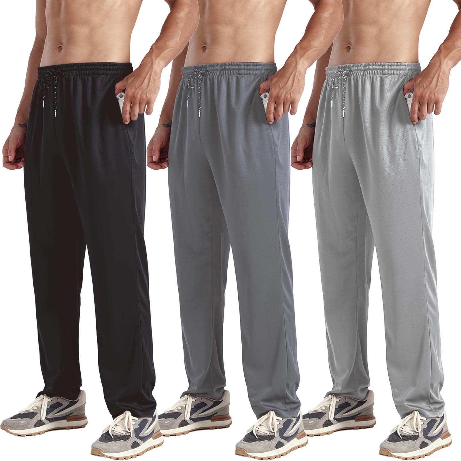 3 Pack Men's Sweatpants Open Bottom Joggers Lightweight Quick Dry Athletic Pants with Pockets for Workout & Lounge