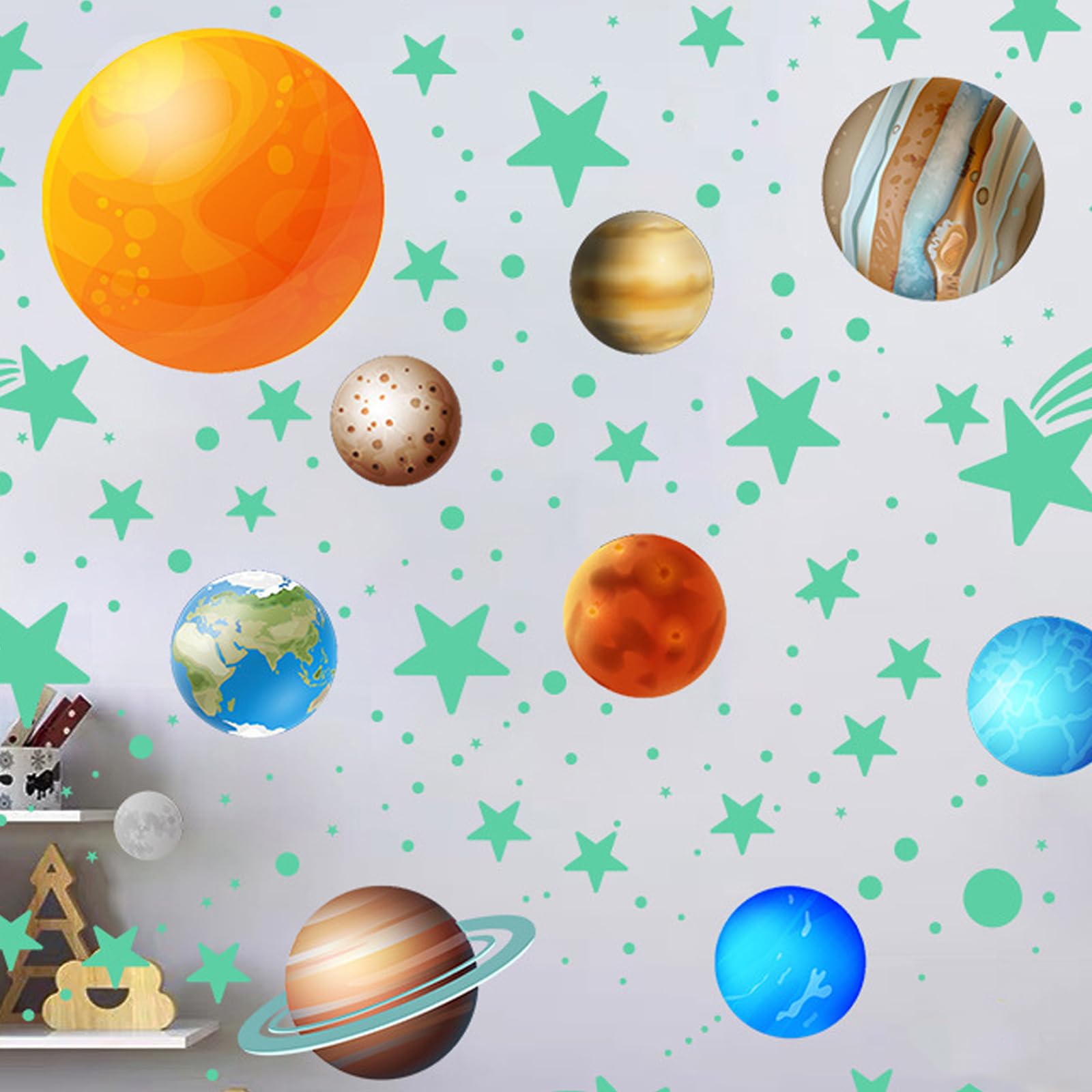 Leuchtsterne Kinderzimmer 444 Stück Größe variiert, Mond Deko für Leuchtende Sterne für Kinderzimmer, Rückstandslos zu Entfernende Leuchtsticker für Baby Schlafzimmer Kinderzimmer Deko