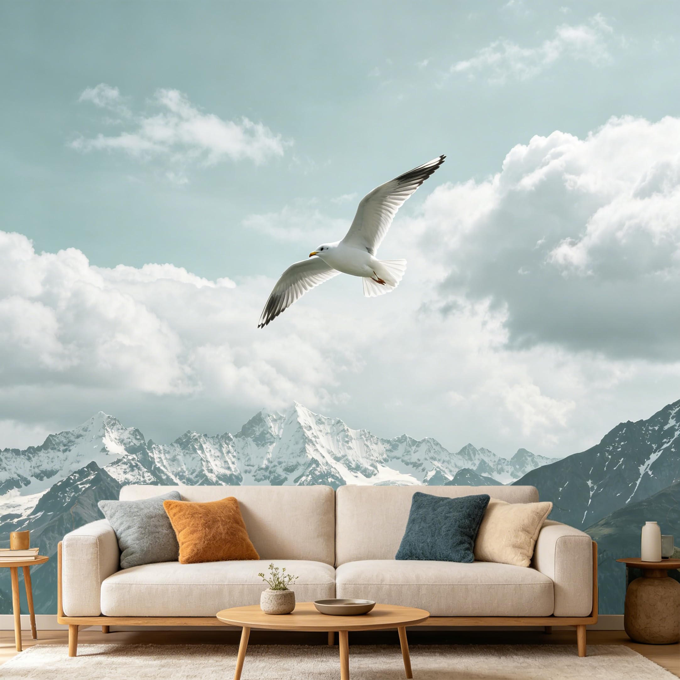Custom Size Wall Mural Majestic Snowy Mountain Peaks Flying Seagull SelfAdhesive Art Prints wall Fabric（No PVC） Removable Wallpaper Home Bedroom Decor Large Wall Art Landscape