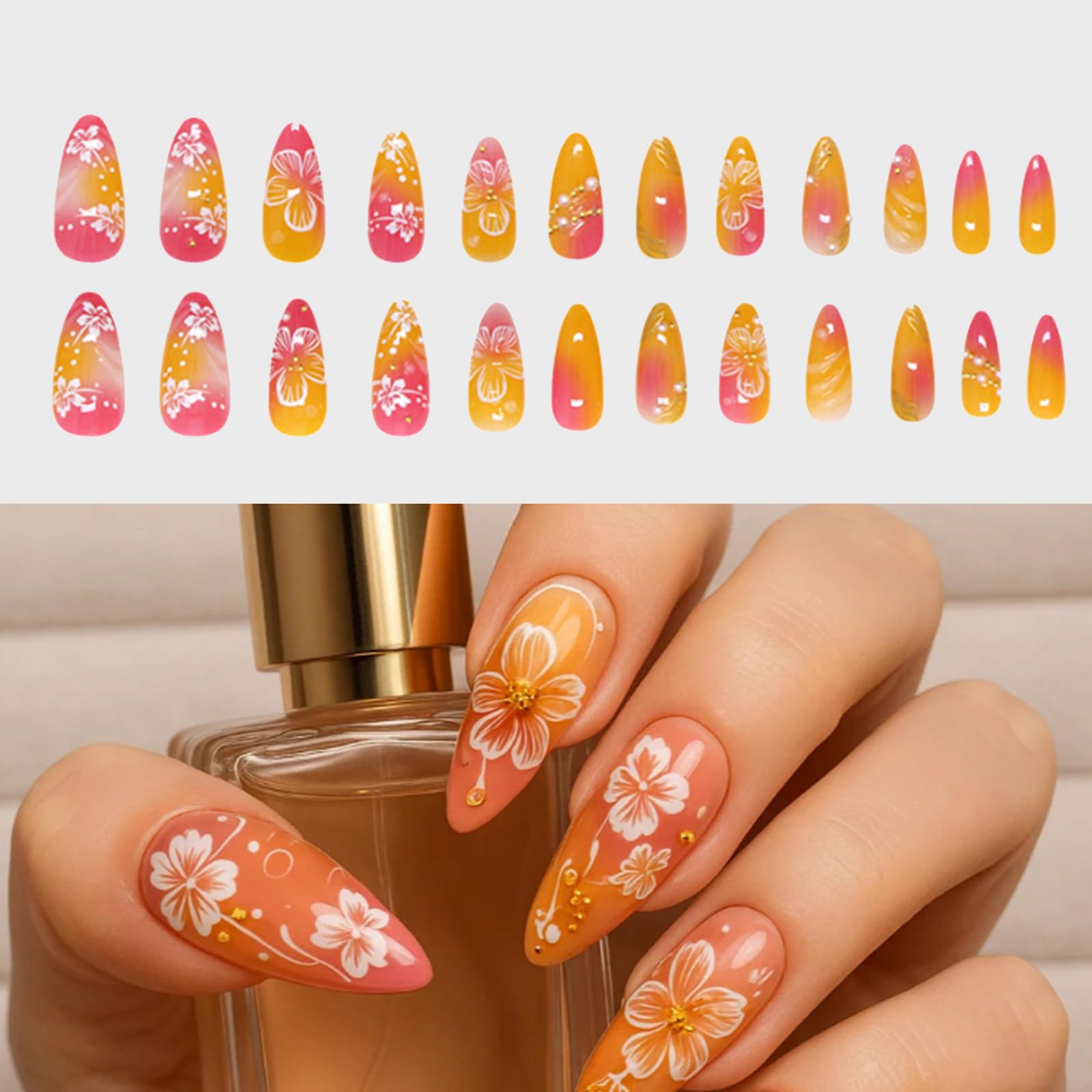 Glossy Almond Gradient Pink Orange Artificial Nails with Floral Glitter Rhinestone Accents - Image 4