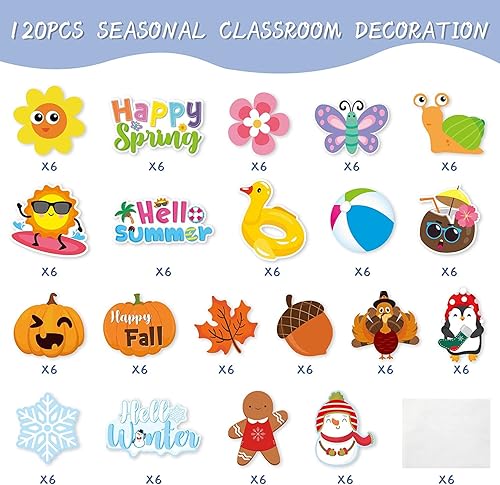 Miniatura 2 de Haooryx Juego de tableros de anuncios para primavera, verano, otoño, invierno, para aula, 120 piezas, decoración de temporada, recortes de papel,