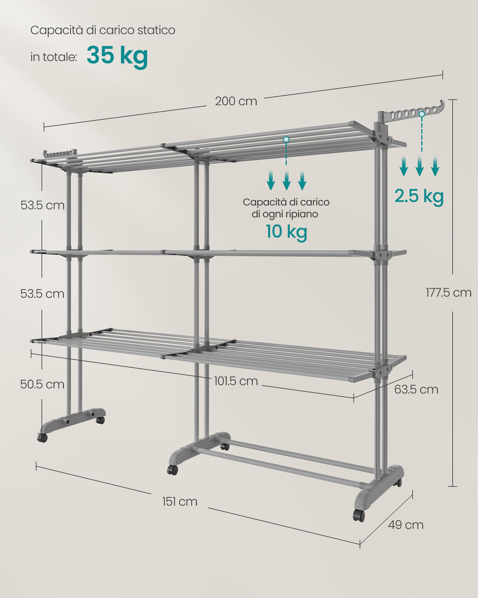 SONGMICS Stendibiancheria, Stendino Pieghevole a 4 Livelli, con Ruote e Ali Richiudibili，63,5 x (131-200) x 177,5 cm，Capiente, Uso Interno ed Esterno，Grigio Tortora LLR704G01