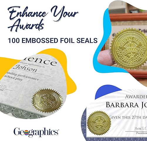 Miniatura 5 de Geographics Sellos de certificado de premio de lámina dorada, sello oficial de excelencia en relieve, 2 pulgadas (juego de 100)
