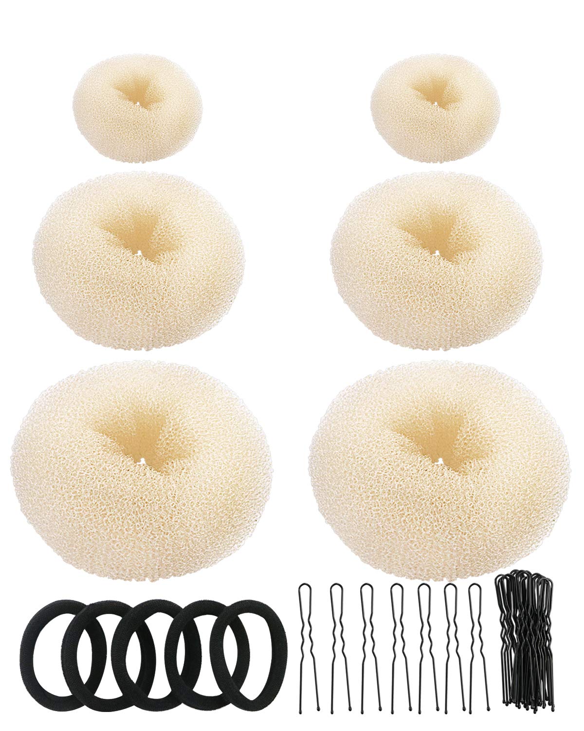 Teenitor Donut Bun Maker Set - Hair Bun Ring with 5 Bands, 20 Bobby Pins & 7 Chignons (2 Small, 2 Medium, 1 Large, 1 Extra-Large) for Hairstyles in Beige