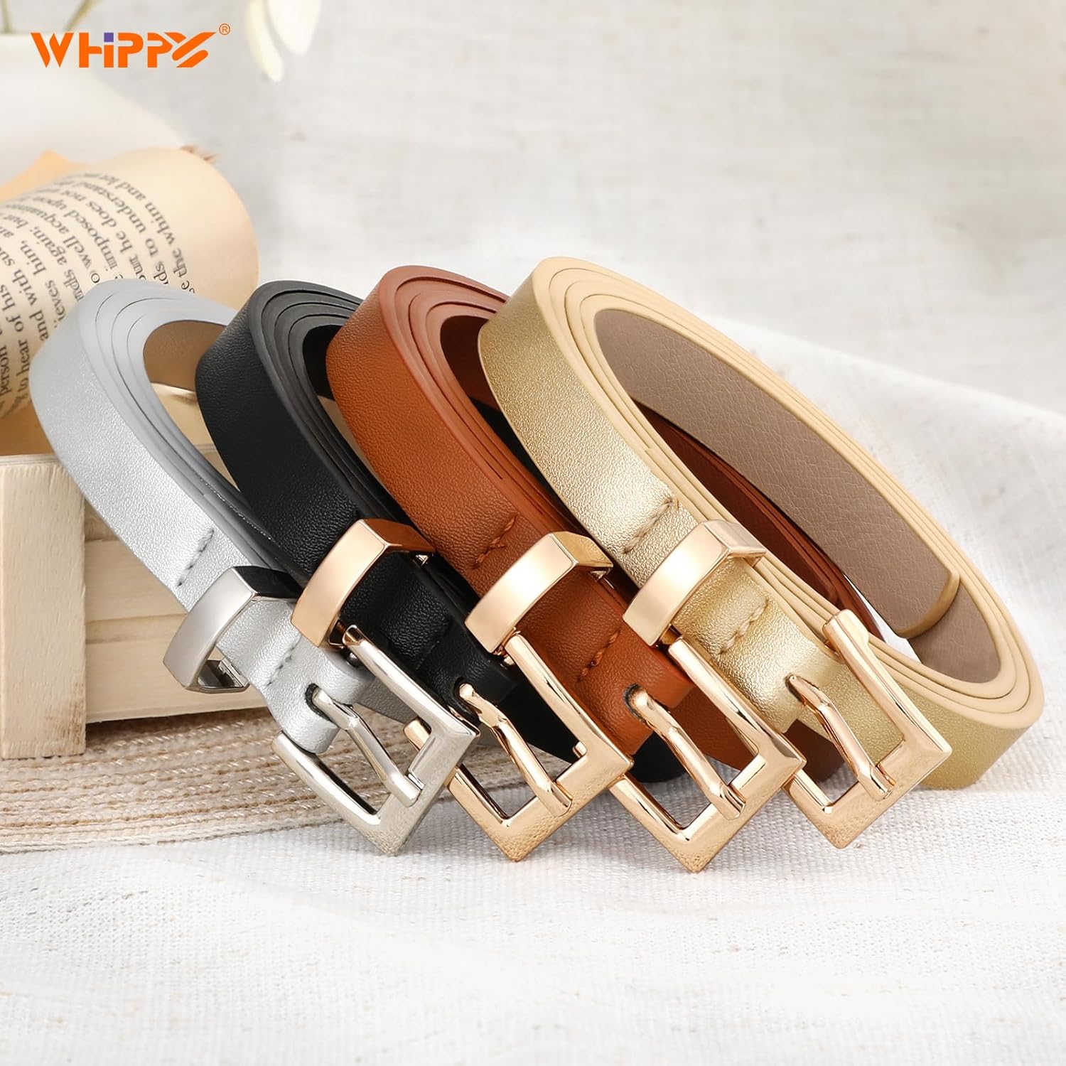 WHIPPY Set of 4 Women Skinny Leather Belt Thin Waist Belt with Metal Buckle for Pants Jeans Dresses - Image 7