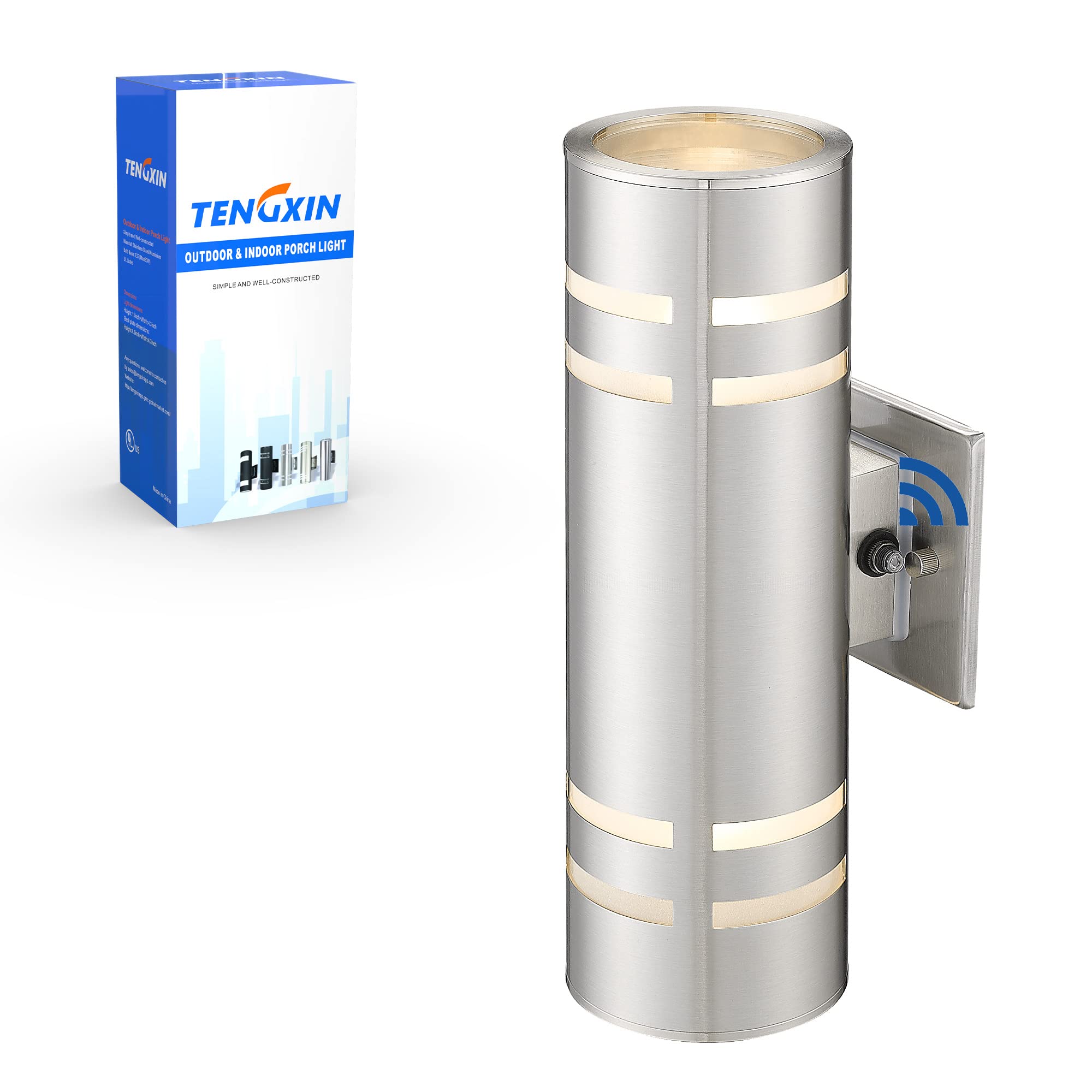 TENGXIN Dusk to Dawn Patio Wall Light Cylinder,Up Down Modern Outdoor Wall Sconce with Stainless Steel Cylinder,Brushed Nickel Finsh Wall Mount Light with Sensor
