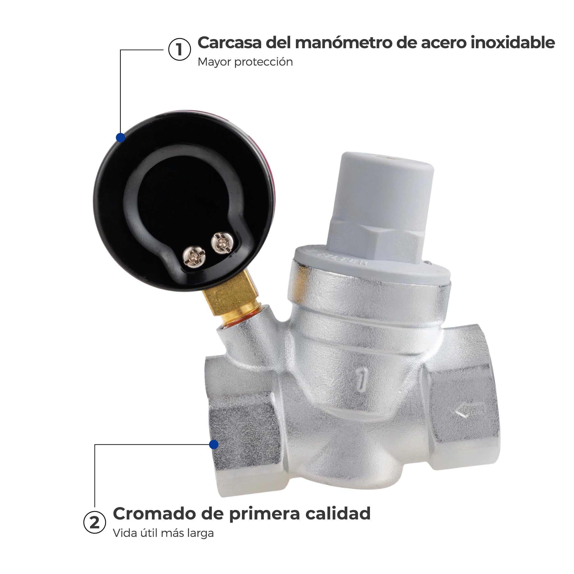 VANCOCO Regulador de presión de agua de 1 pulgada DN25 con manómetro, regulador de presión de agua de latón, regulador de presión de agua, válvula reductora de presión con filtro de filtro para