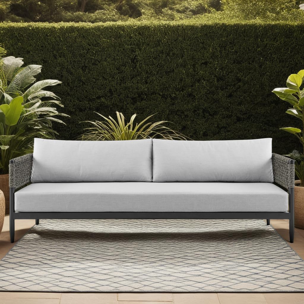 Armen Living Alegria Aluminum and Rope Outdoor Sofa in Black and Gray