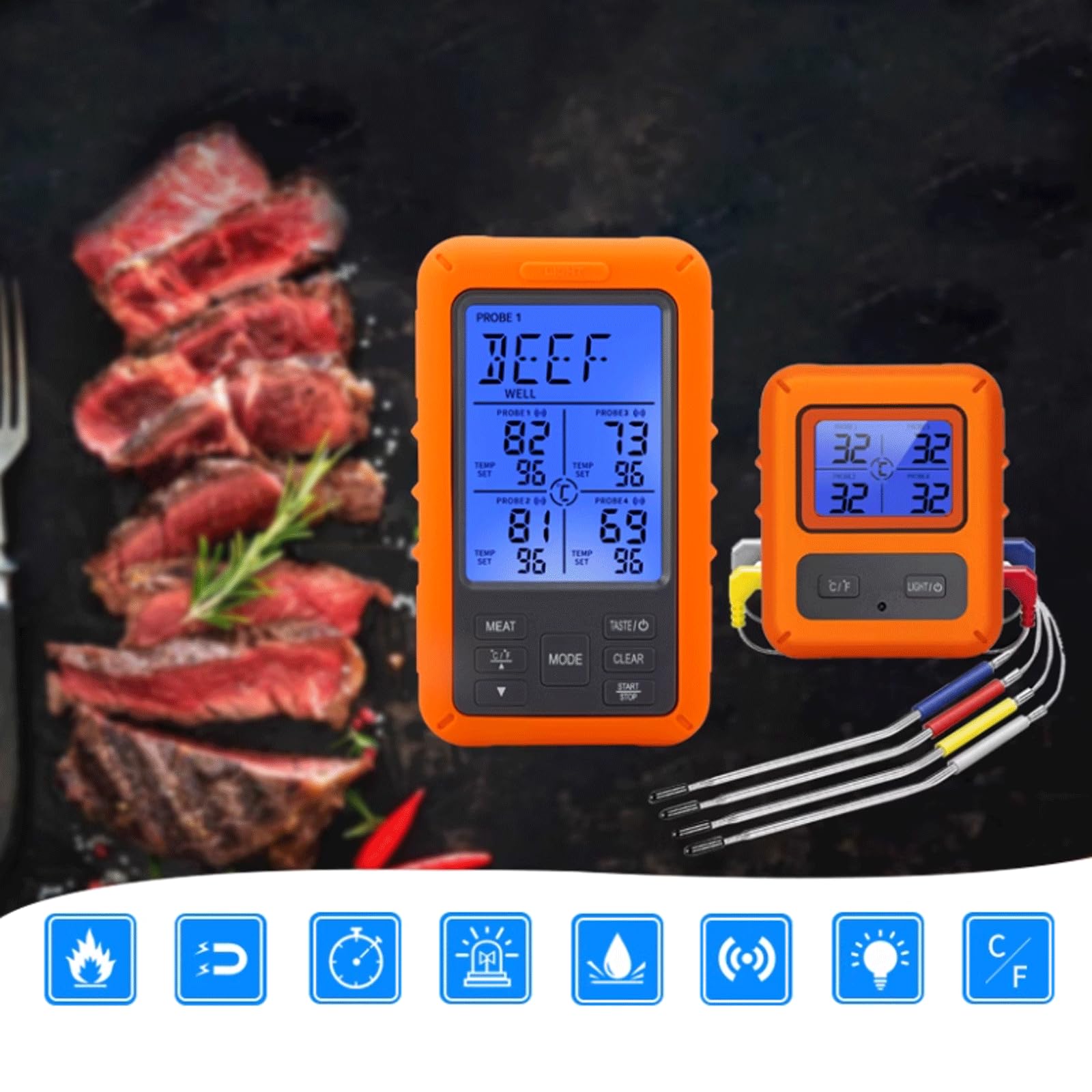 KRILLIQ Termómetro Digital inalámbrico con 4 sondas, Temporizador, Alarma Termómetro para Carne de Lectura instantánea Termómetro ultrarrápido para Asar