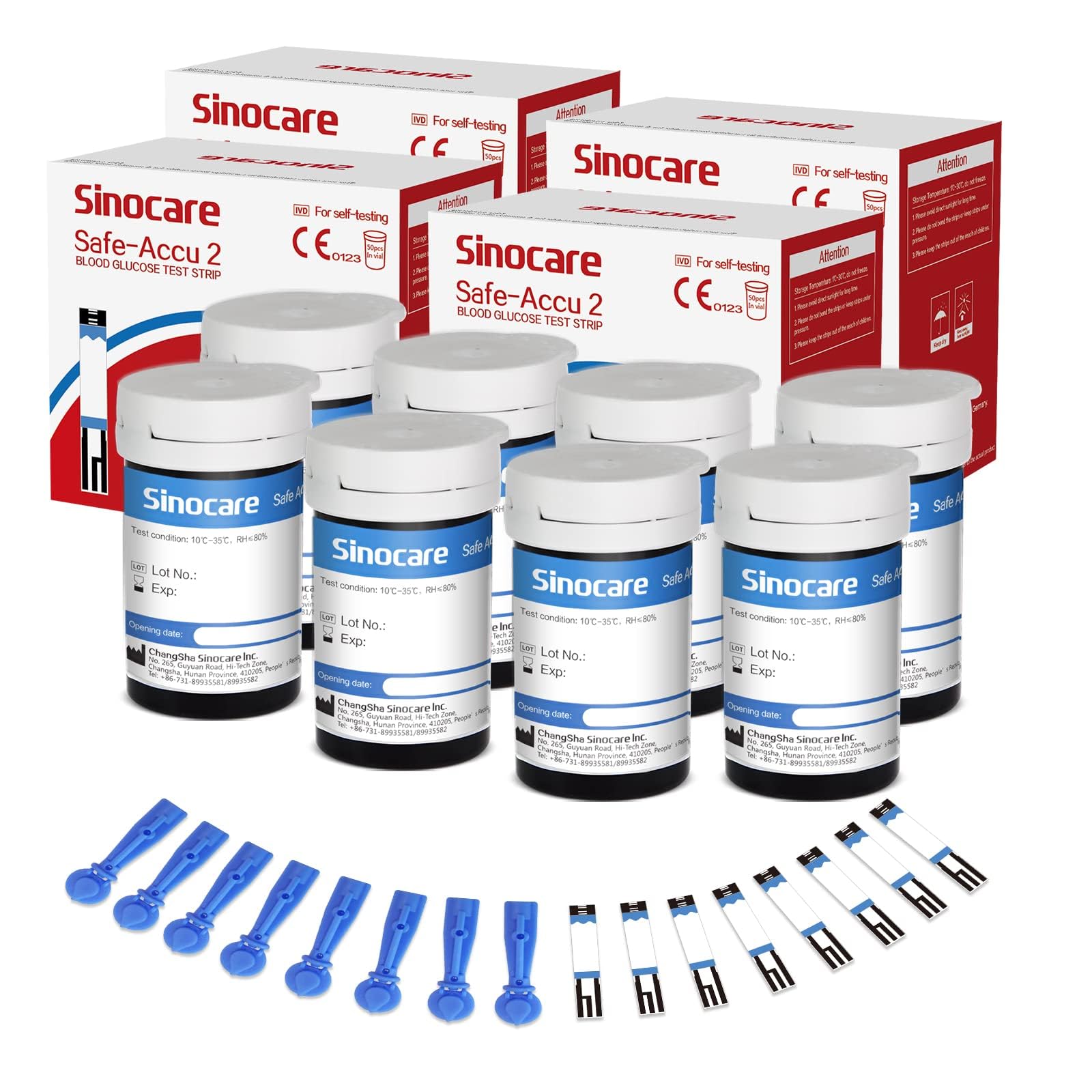 Sinocare Strisce Reattive di Glucosio nel Sangue Precisa Anti-Interferenza Solo per Safe-Accu2 Contiene 200 Strisce e 200 Lancette, Solo per il Glucometro Safe-Accu2