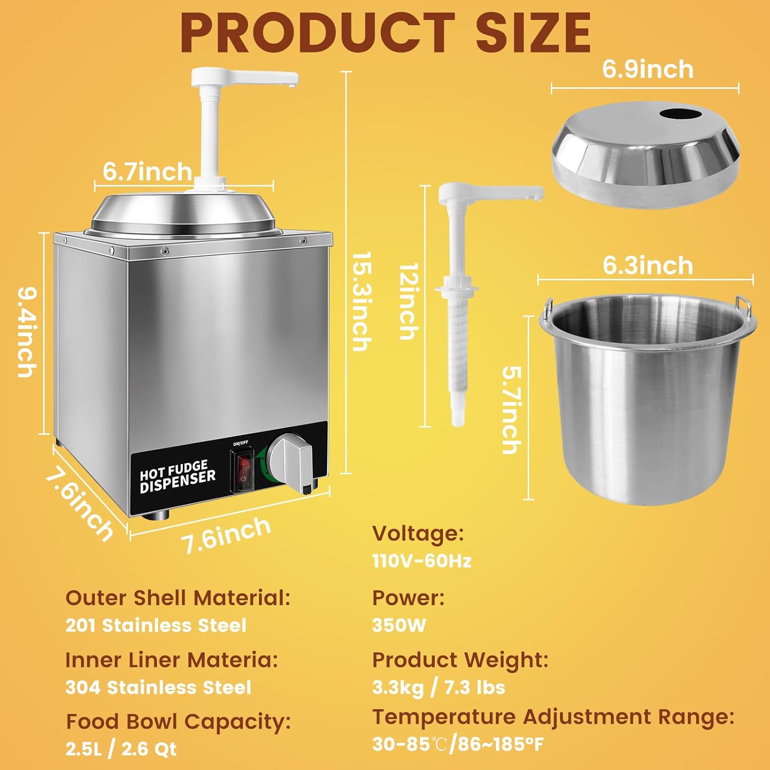 Nacho Cheese Dispenser with Pump - 2.6QT Stainless Steel Cheese Warmer, Hot Fudge Warmer Machine with Temperature Control, Commercial Sauce Dispenser for Hot Milk, Hot Fudge, and Caramel