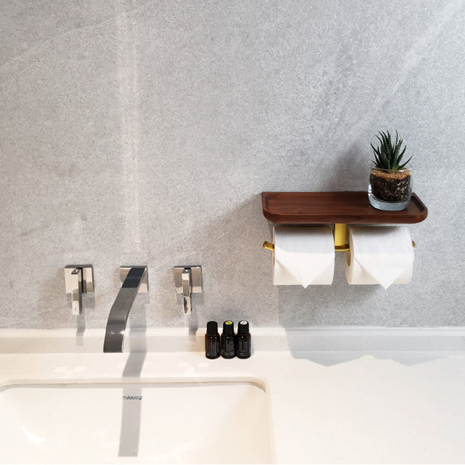 LIU- Portarrollos Doble con Estante De Madera para Guardar Teléfonos Móviles Y Papel Higiénico De Repuesto, para Lavabo De Cocina Y Baño(Color:Dorado)
