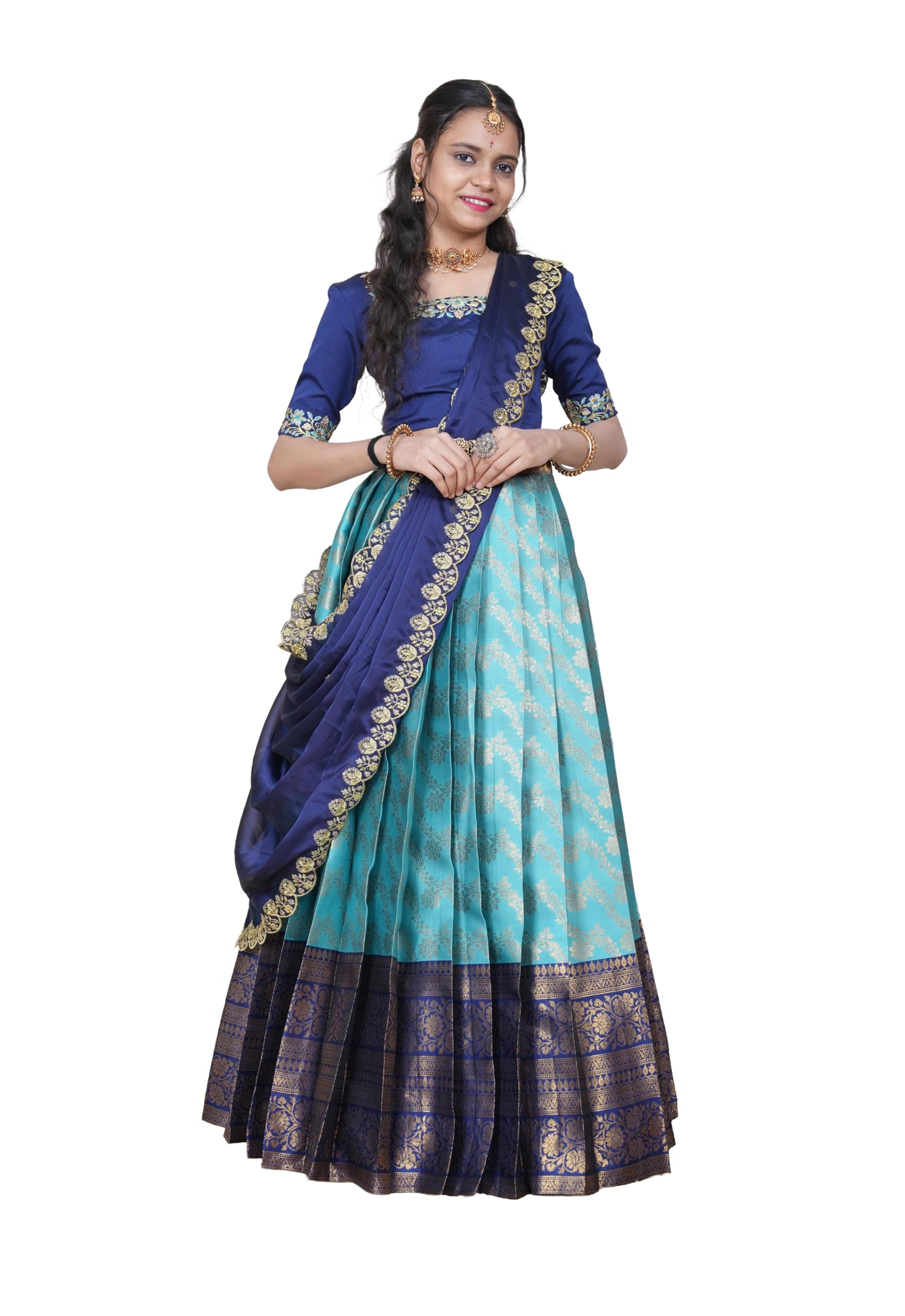 Damen Seide Halb Sari Langa Voni südindischer Pattu Pavadai fertig konfektioniert Lehenga Choli Set mit Dupatta