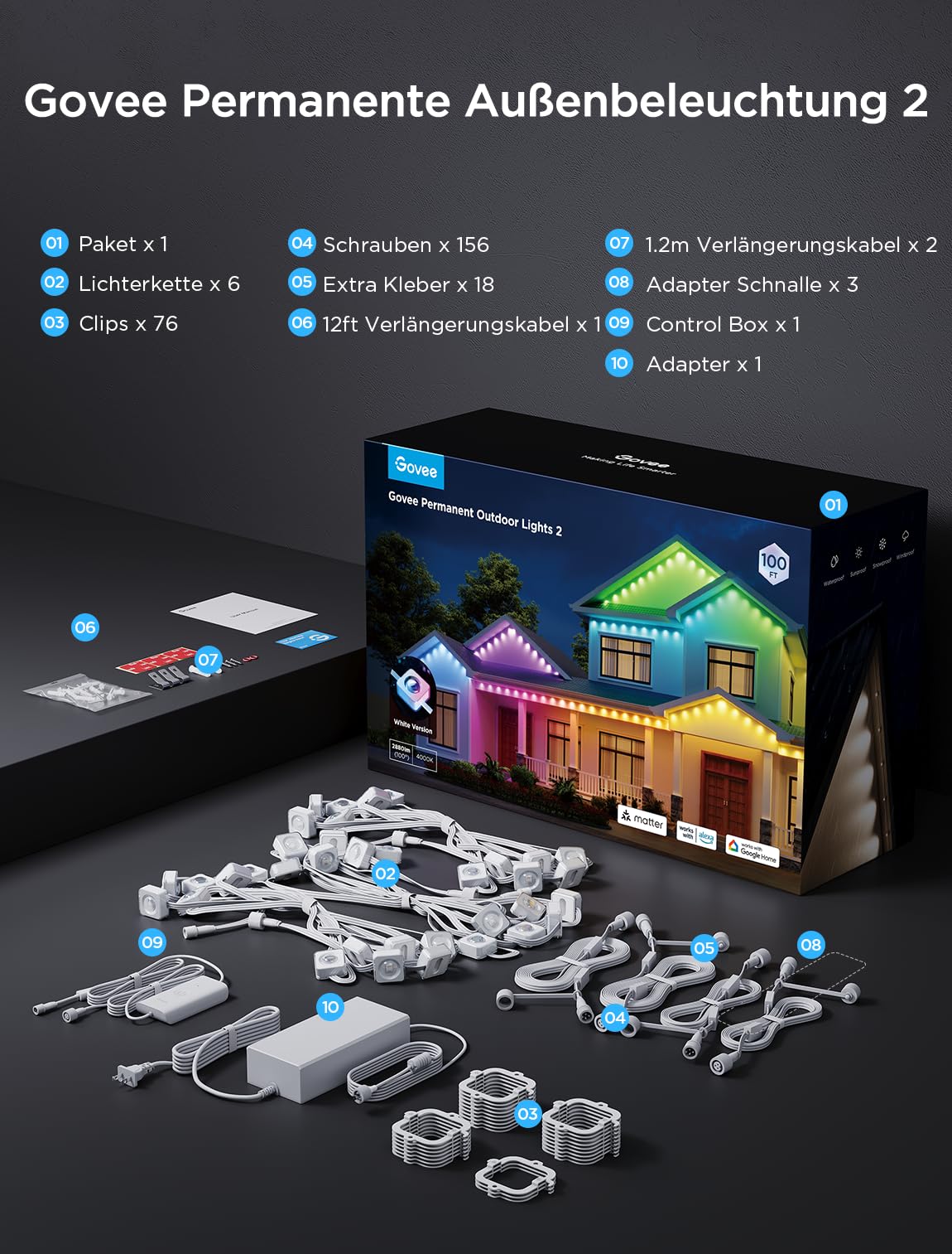 Govee Permanent Outdoor Lights 2, 30m RGBIC mit 72 LED Lichtern 40lm, IP67 | IP67 lichterkette, 100 Szenen Modi für Decor, Arbeit mit Alexa, Google Assistant & Matter, Weiße Version, Backyard, Eaves