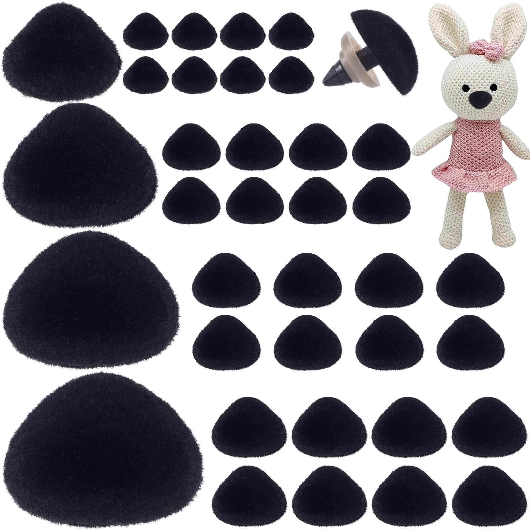 Winsyison 32pcs Craft Noses with Washers for Amigurumi, Plastic Doll Crochet Noses, Mix Sizes Flocking Toy Parts Accessories for Puppet- Black
