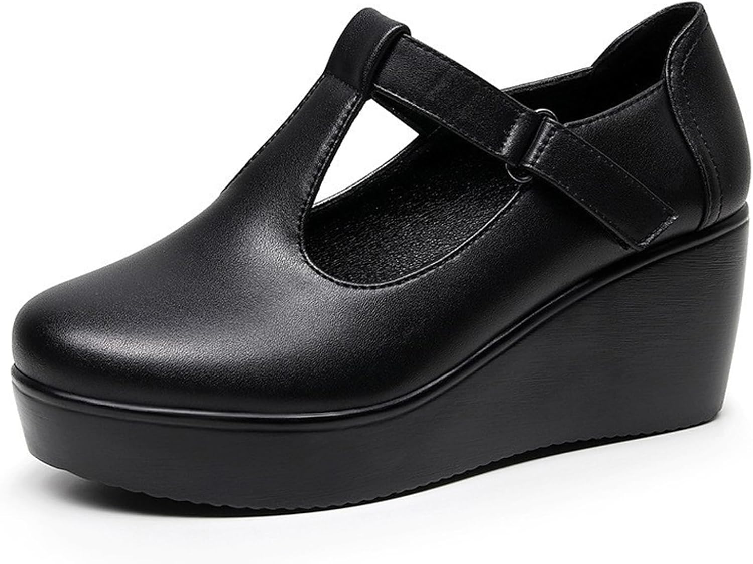 Women's Leather T-Strap Platform Wedge Mary Jane Shoes Comfort Round Toe Ankle Strap Non-Slip Casual Soft Cute School Dress Shoes for Work Outdoor Office