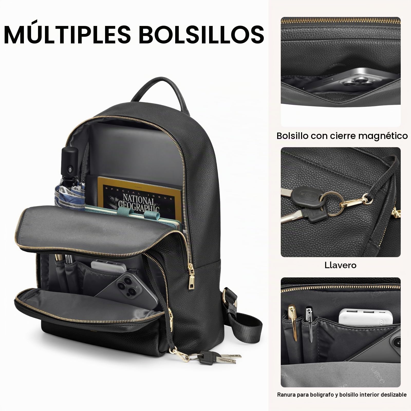 Kattee Mochila de piel auténtica para mujer, bolso de mano de moda