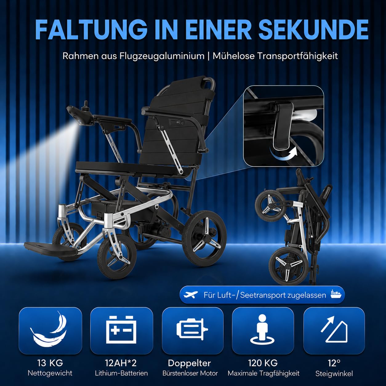Fauteuil roulant électrique pliable de 13 kg, avec éclairage LED, portée de 48 km +, fauteuil roulant électrique tout-terrain, fauteuil roulant motorisé portable, homologué pour les voyages en